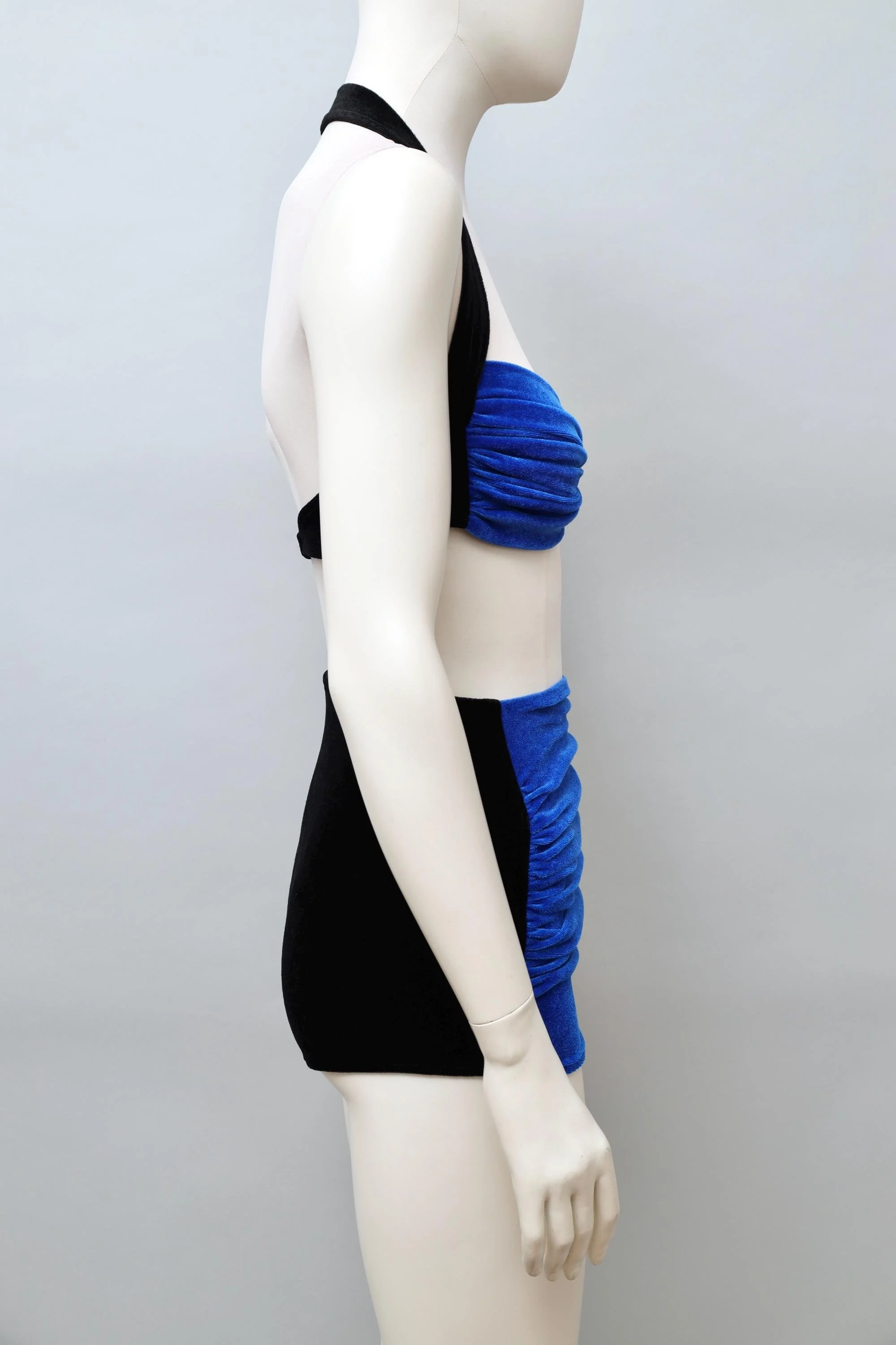1980s Norma Kamali black and blue ruched velvet bikini