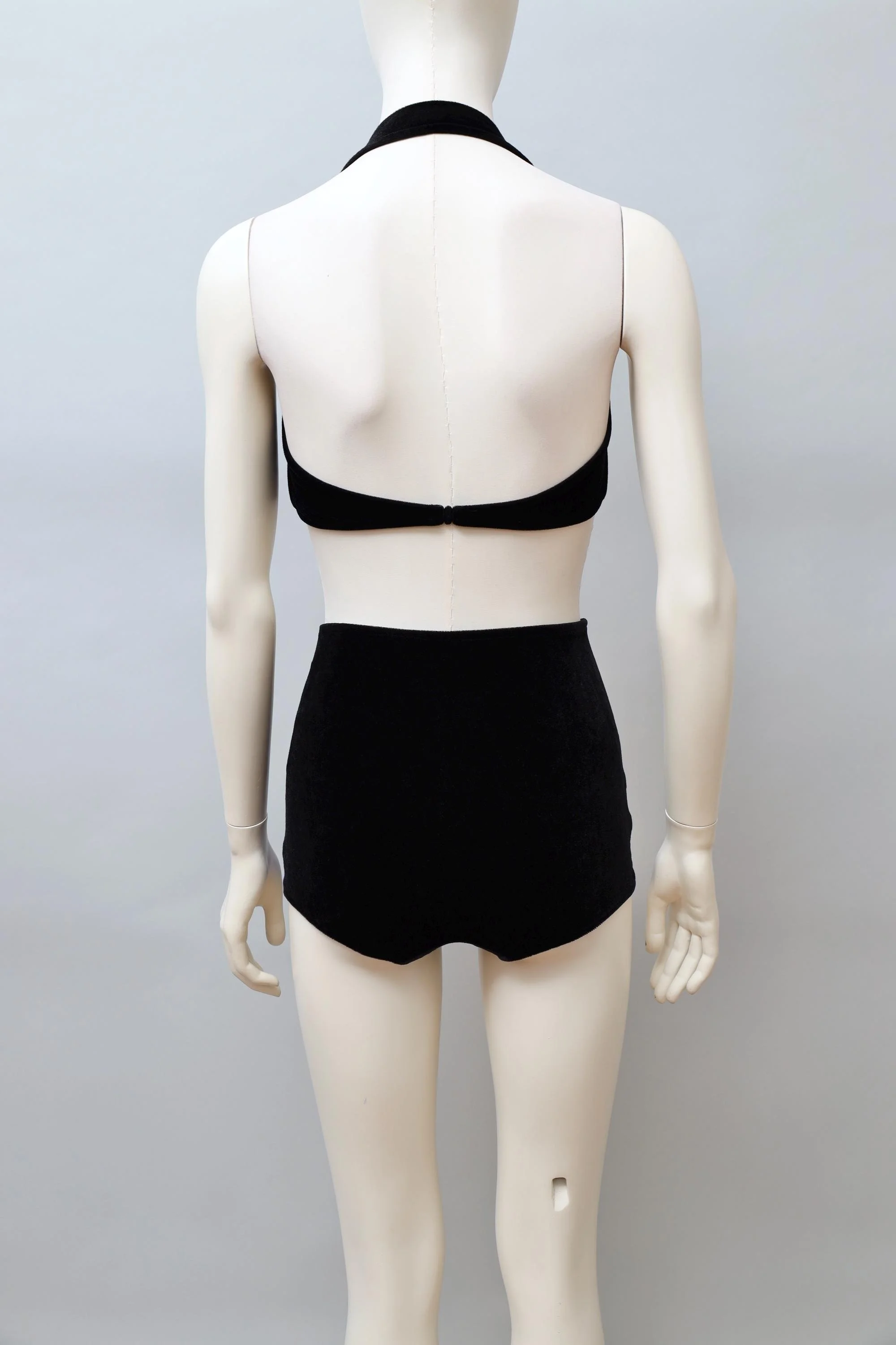 1980s Norma Kamali black and blue ruched velvet bikini