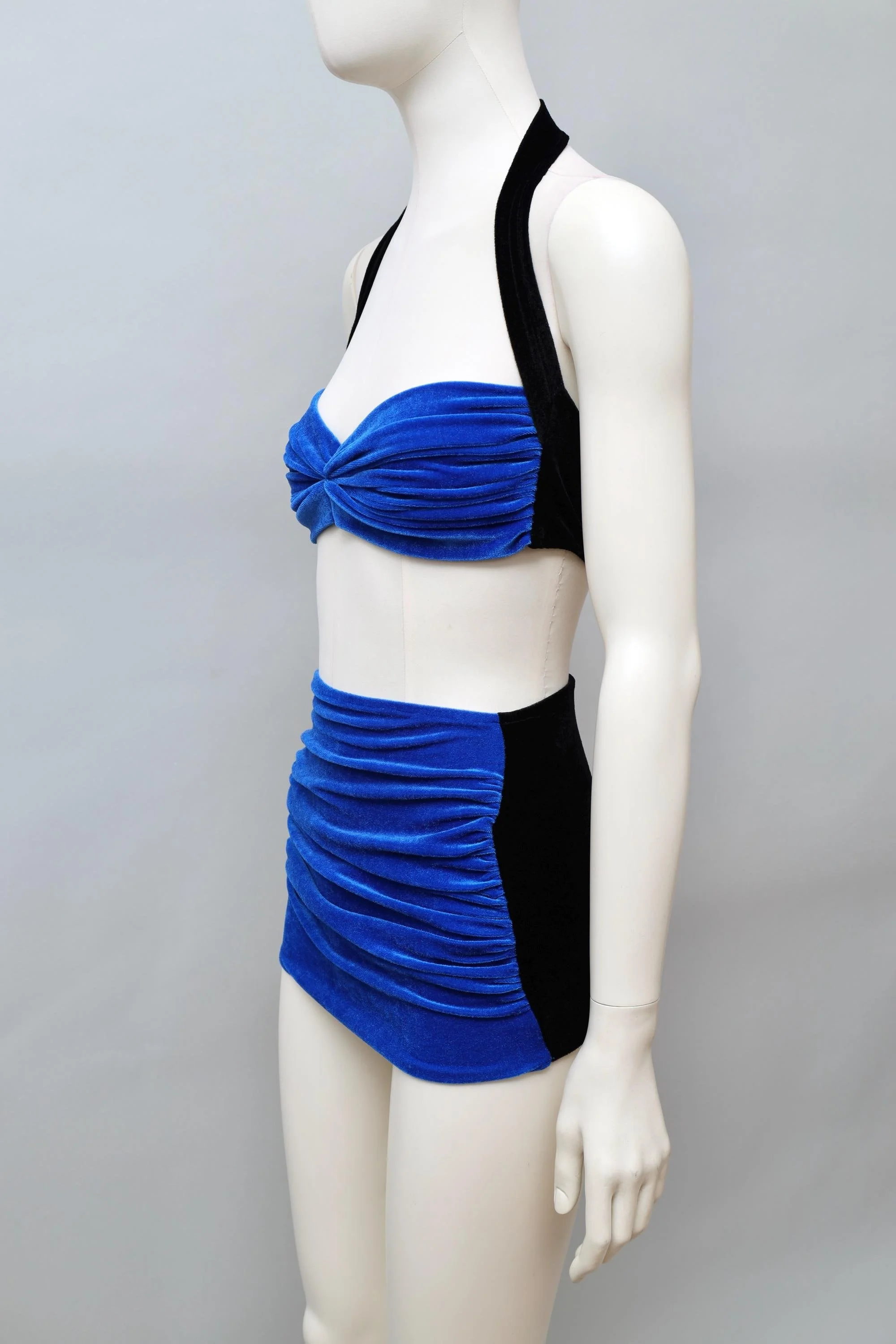 1980s Norma Kamali black and blue ruched velvet bikini