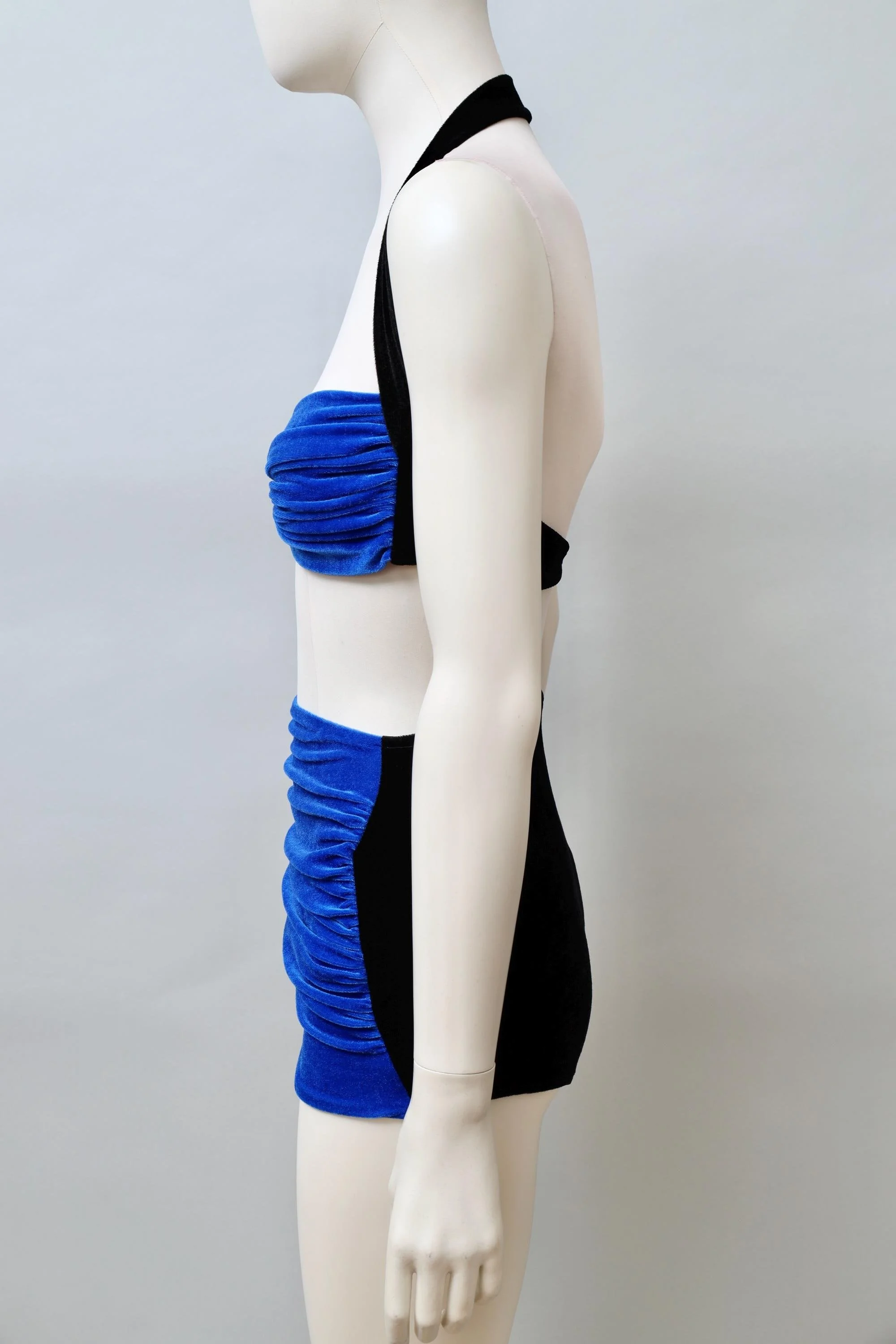 1980s Norma Kamali black and blue ruched velvet bikini