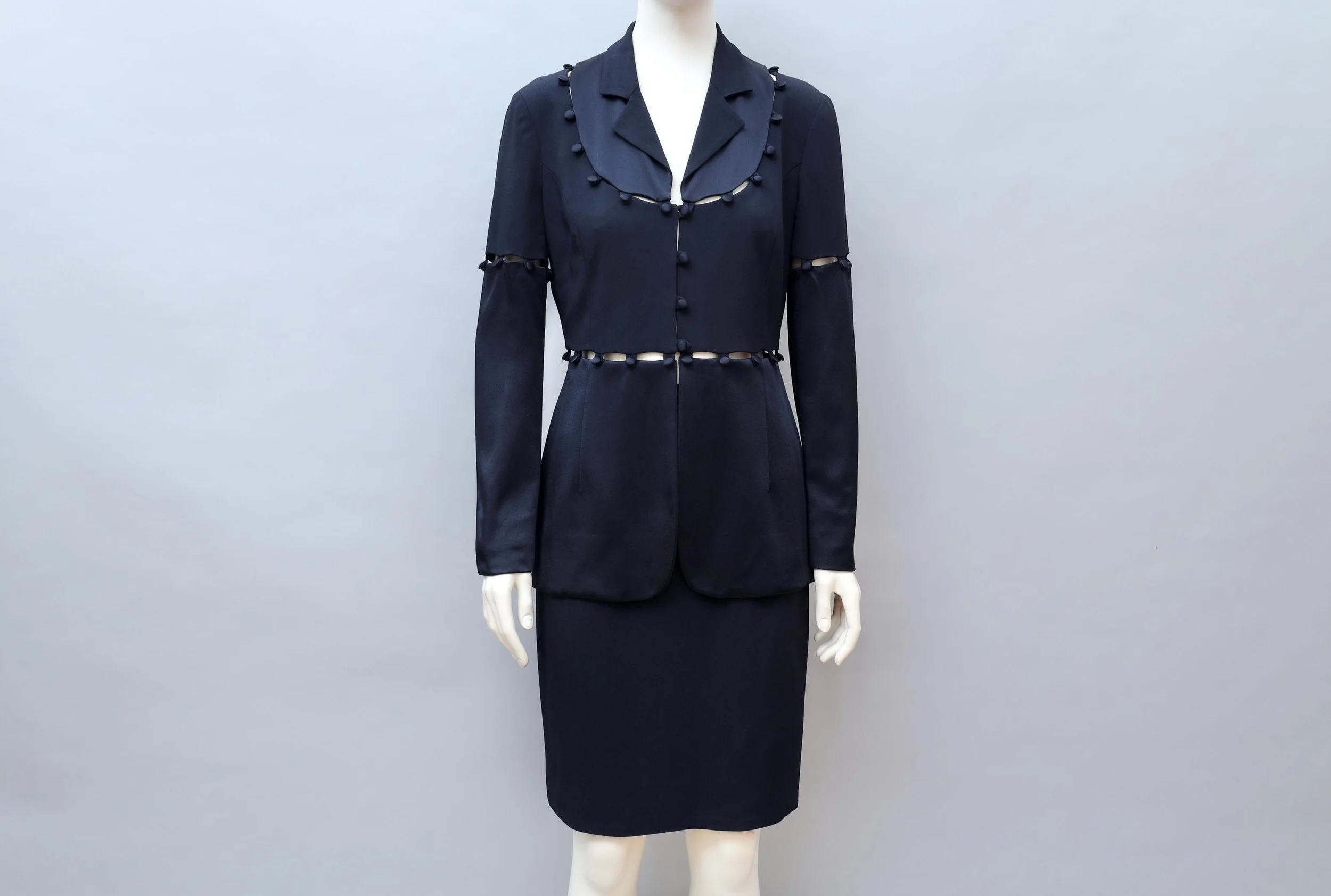 early 1990s Moschino Cheap and Chic midnight blue puzzle blazer and skirt ensemble