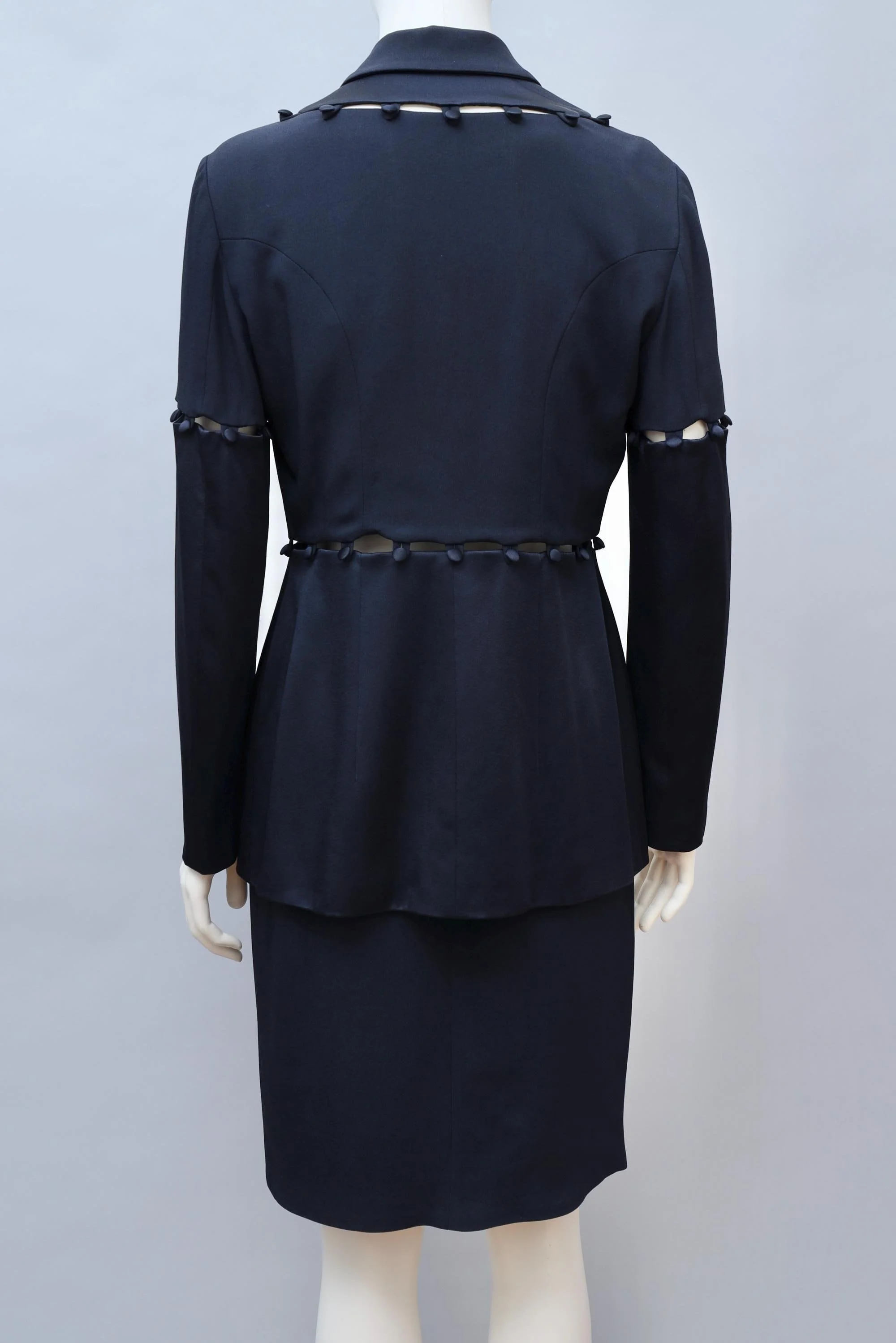 early 1990s Moschino Cheap and Chic midnight blue puzzle blazer and skirt ensemble