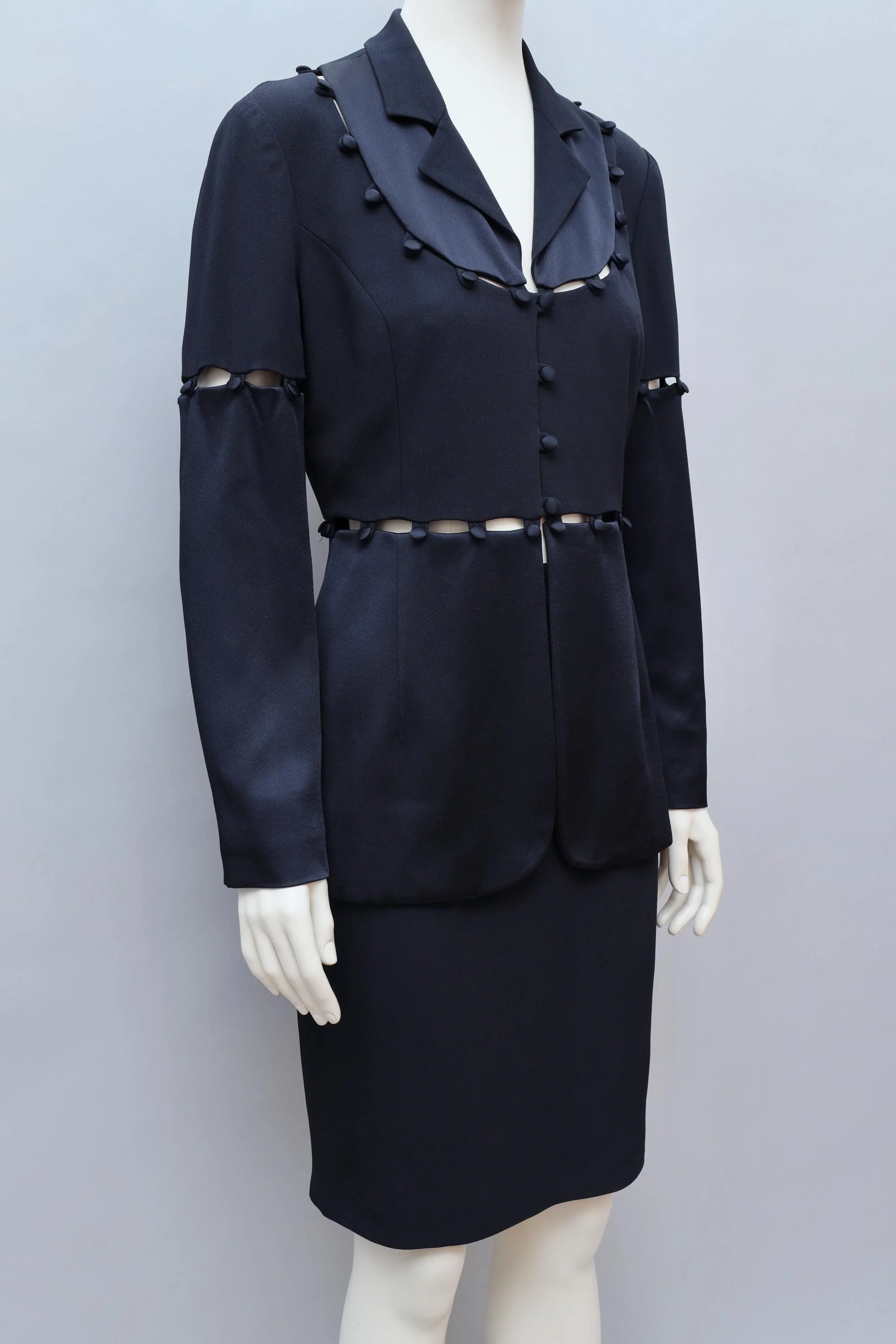 early 1990s Moschino Cheap and Chic midnight blue puzzle blazer and skirt ensemble