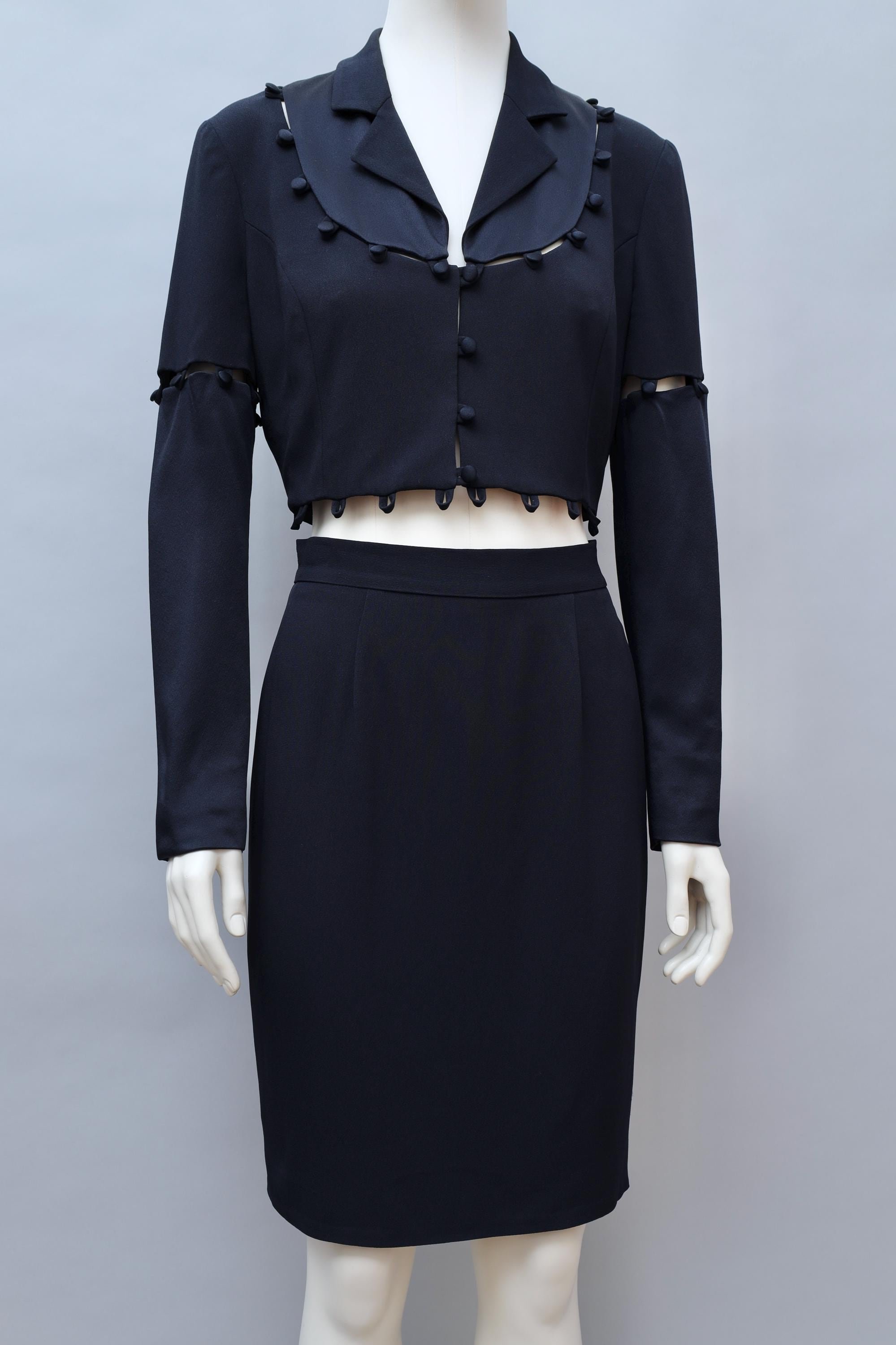early 1990s Moschino Cheap and Chic midnight blue puzzle blazer and skirt ensemble