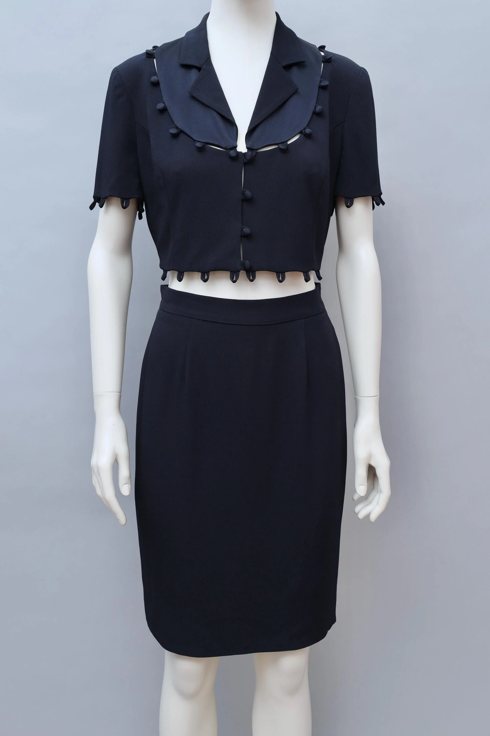early 1990s Moschino Cheap and Chic midnight blue puzzle blazer and skirt ensemble