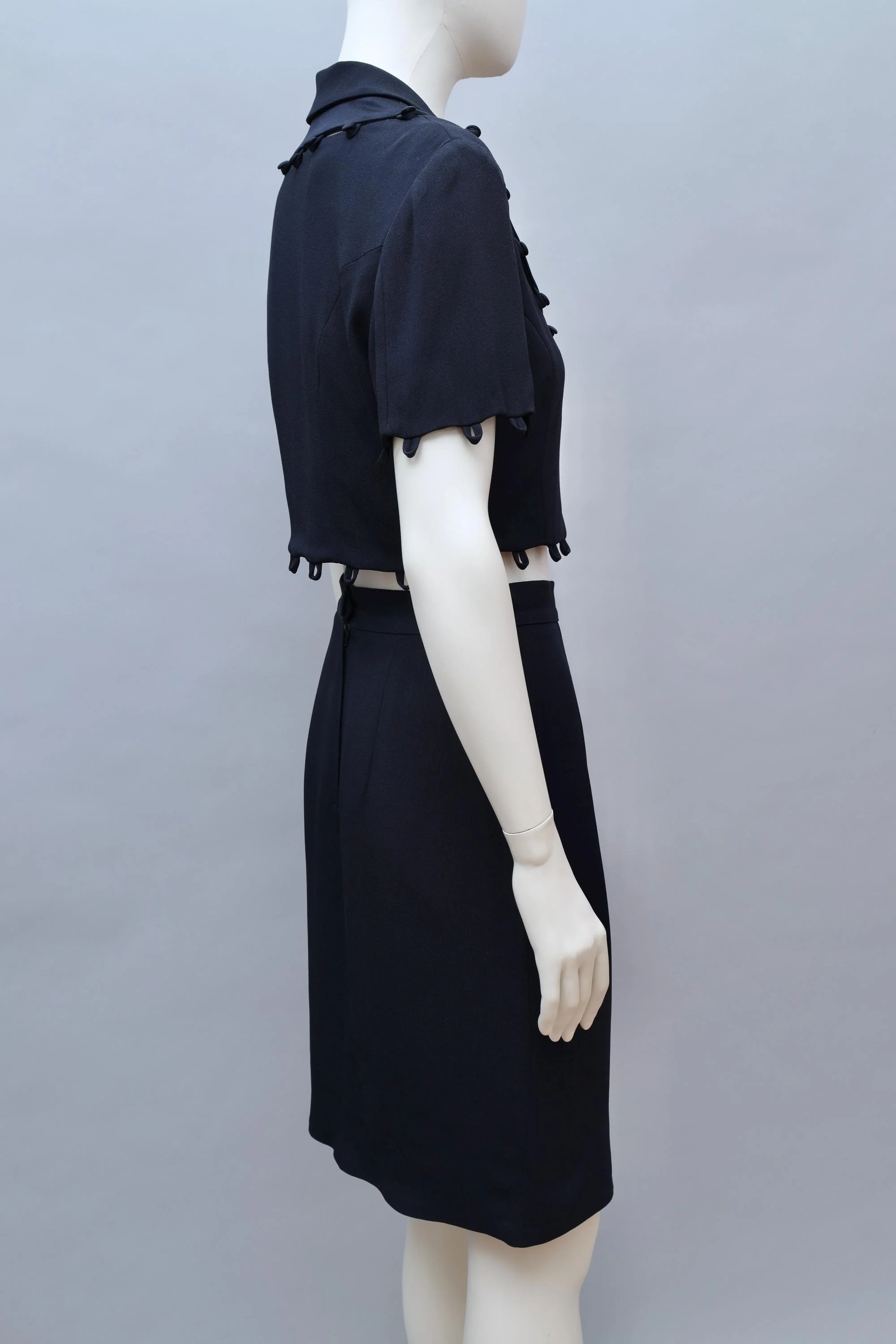 early 1990s Moschino Cheap and Chic midnight blue puzzle blazer and skirt ensemble