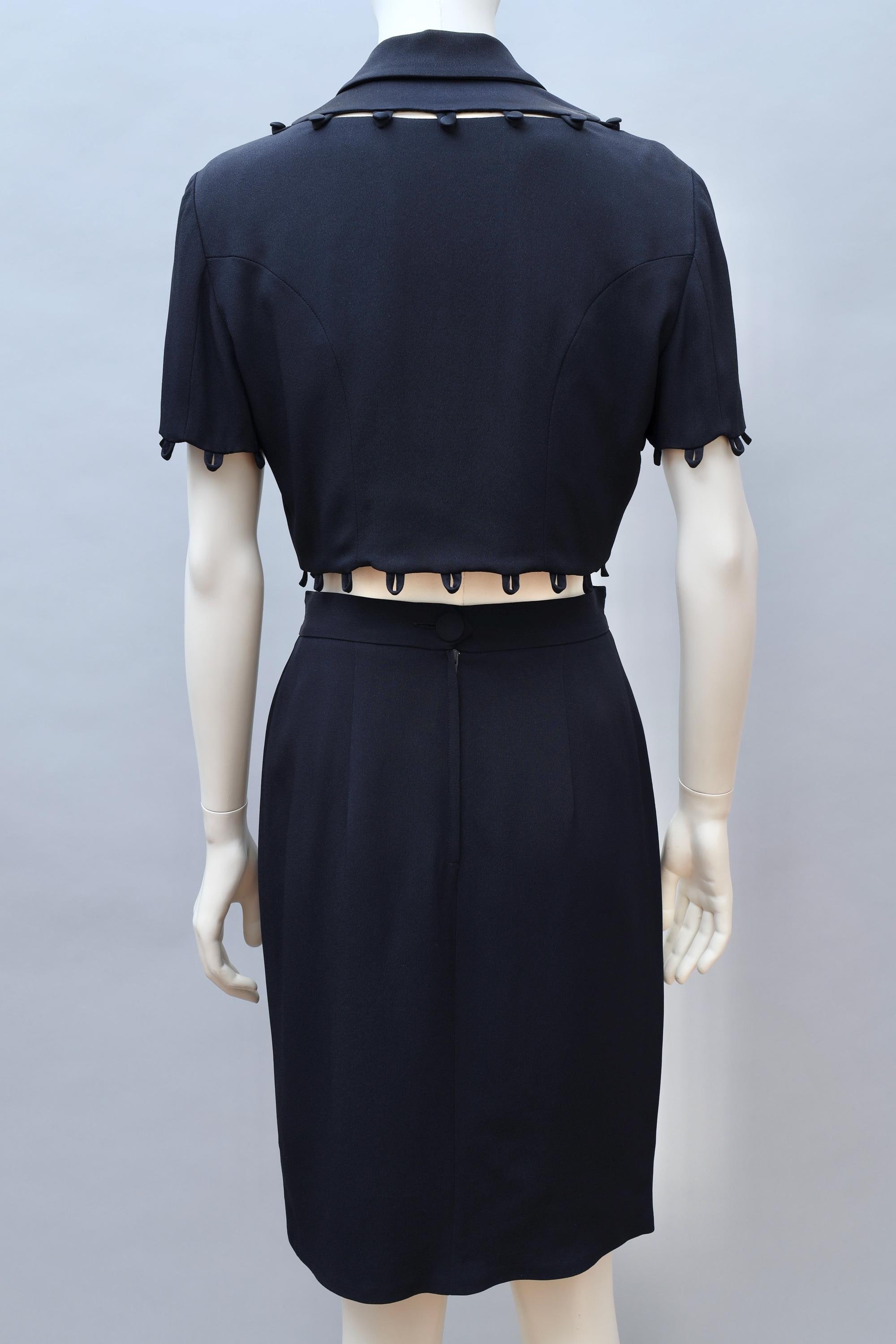 early 1990s Moschino Cheap and Chic midnight blue puzzle blazer and skirt ensemble