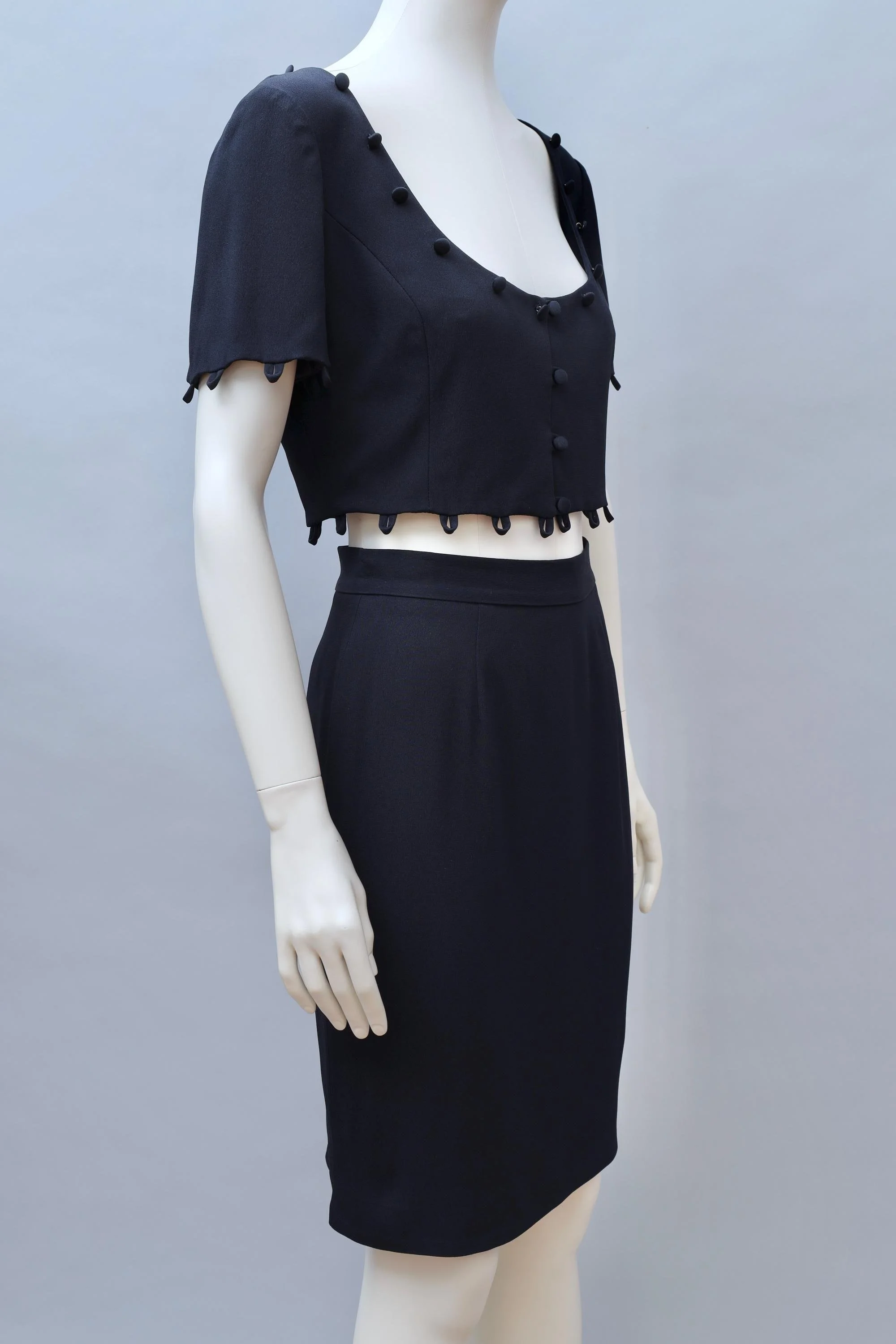early 1990s Moschino Cheap and Chic midnight blue puzzle blazer and skirt ensemble