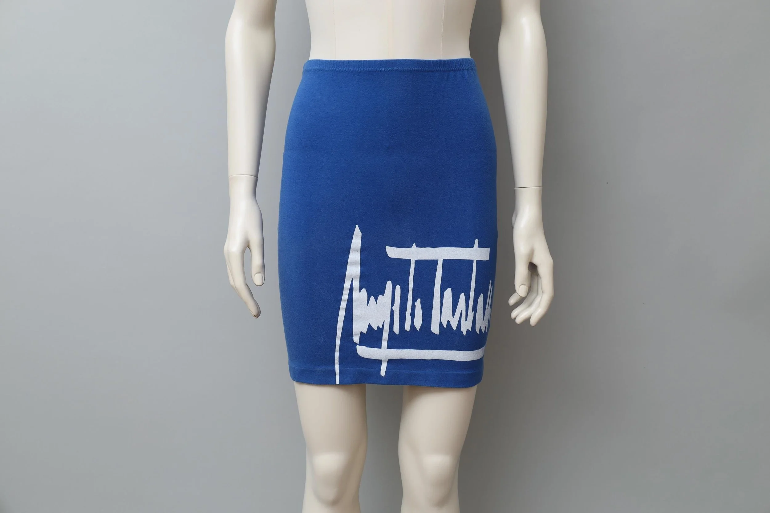 1980s Angelo Tarlazzi blue cotton stretch signature logo skirt
