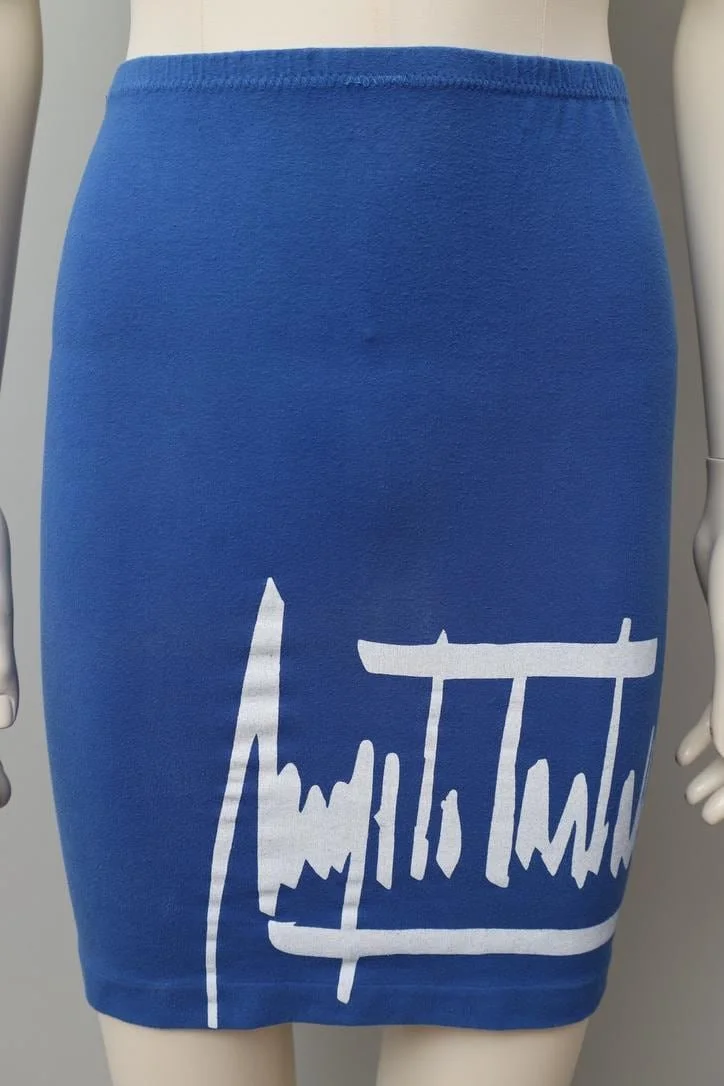 1980s Angelo Tarlazzi blue cotton stretch signature logo skirt