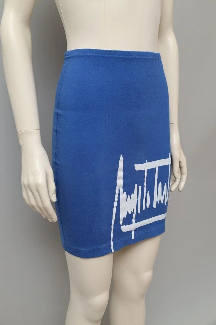 1980s Angelo Tarlazzi blue cotton stretch signature logo skirt