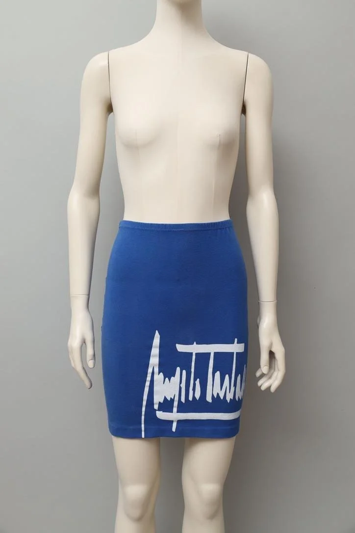 1980s Angelo Tarlazzi blue cotton stretch signature logo skirt