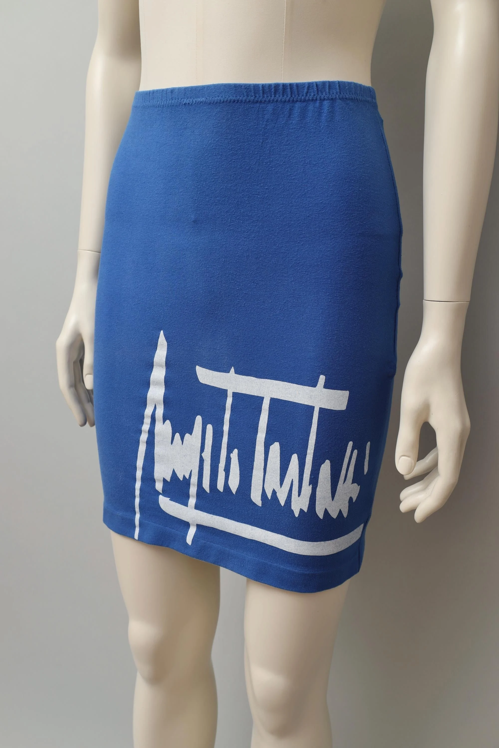 1980s Angelo Tarlazzi blue cotton stretch signature logo skirt