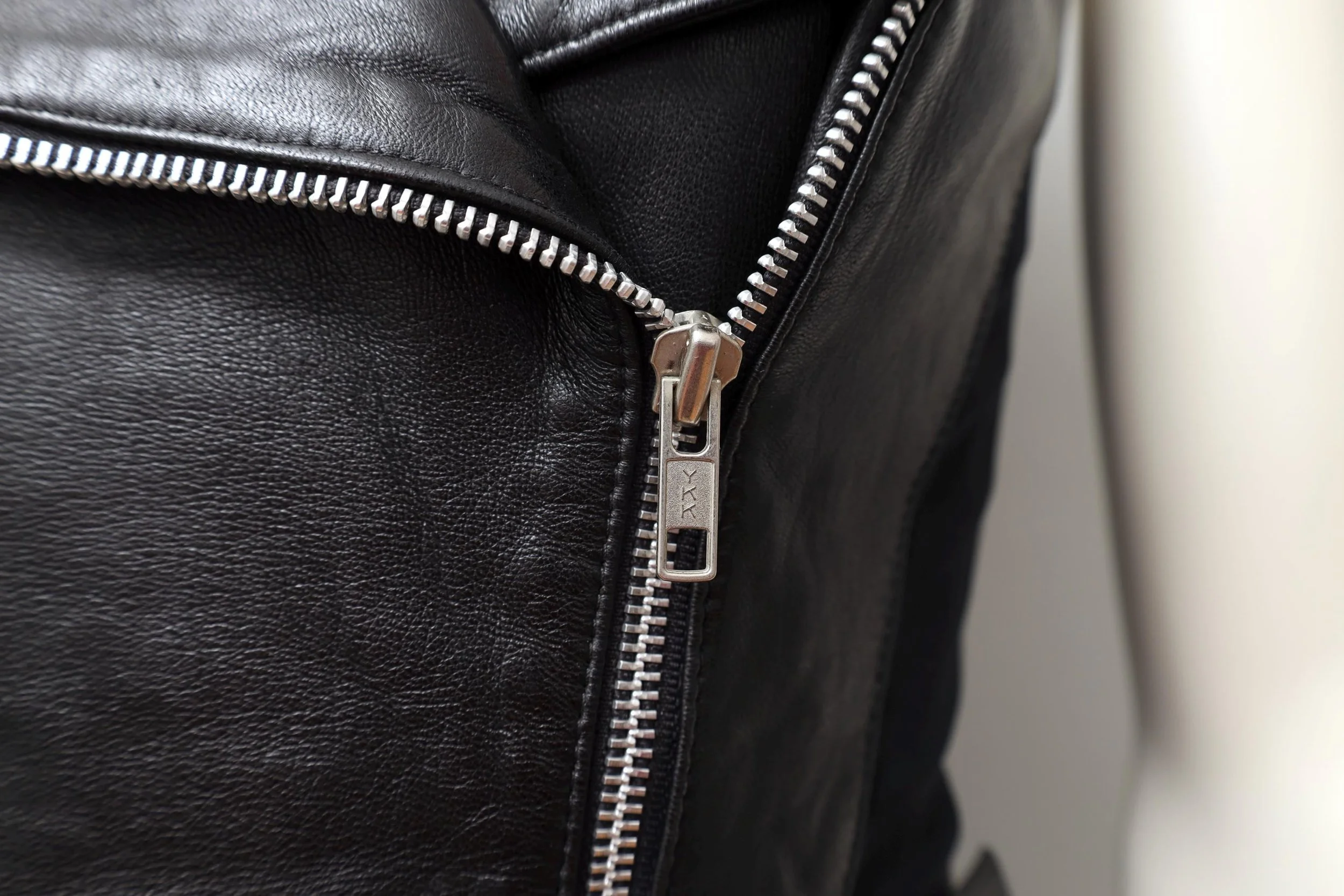 1990s Helen Storey black leather perfecto dress zipper