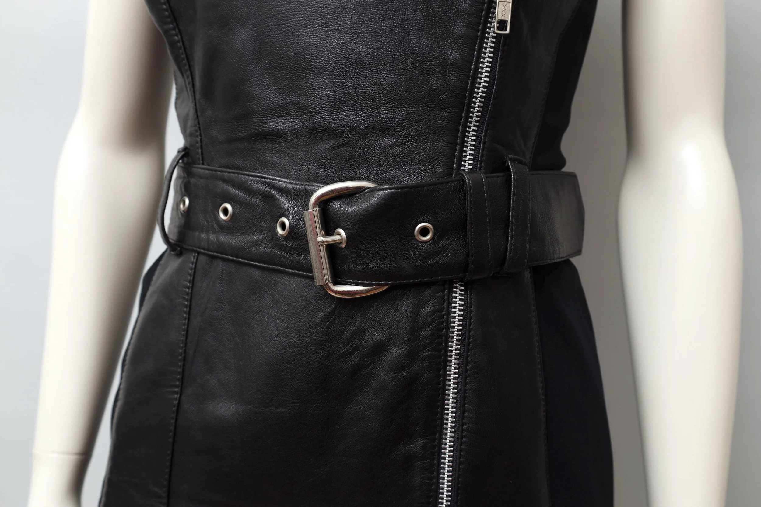 1990s Helen Storey black leather perfecto dress belt