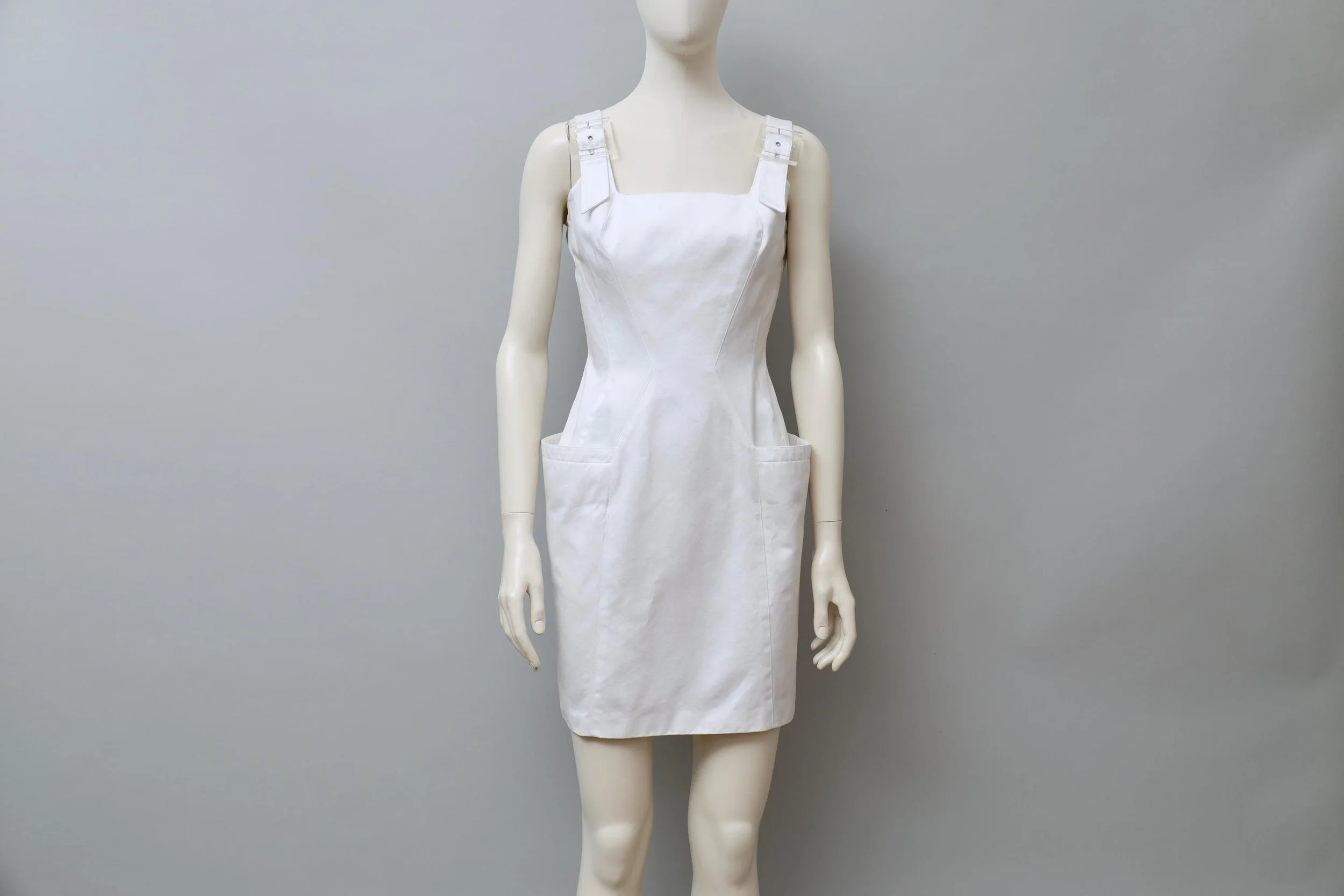 1990s Mugler white satin acrylic buckle cocktail dress