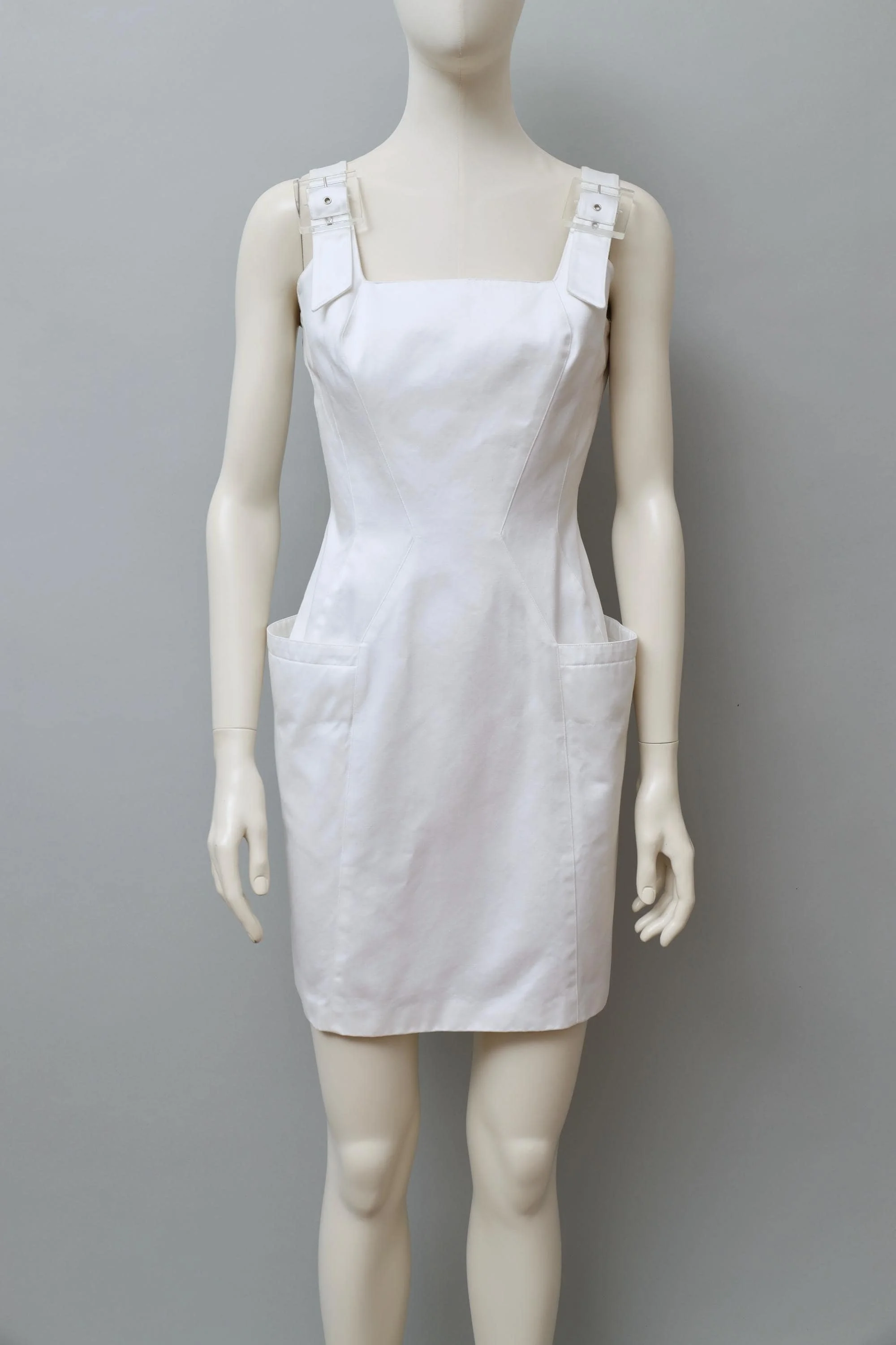 1990s Mugler white satin acrylic buckle cocktail dress
