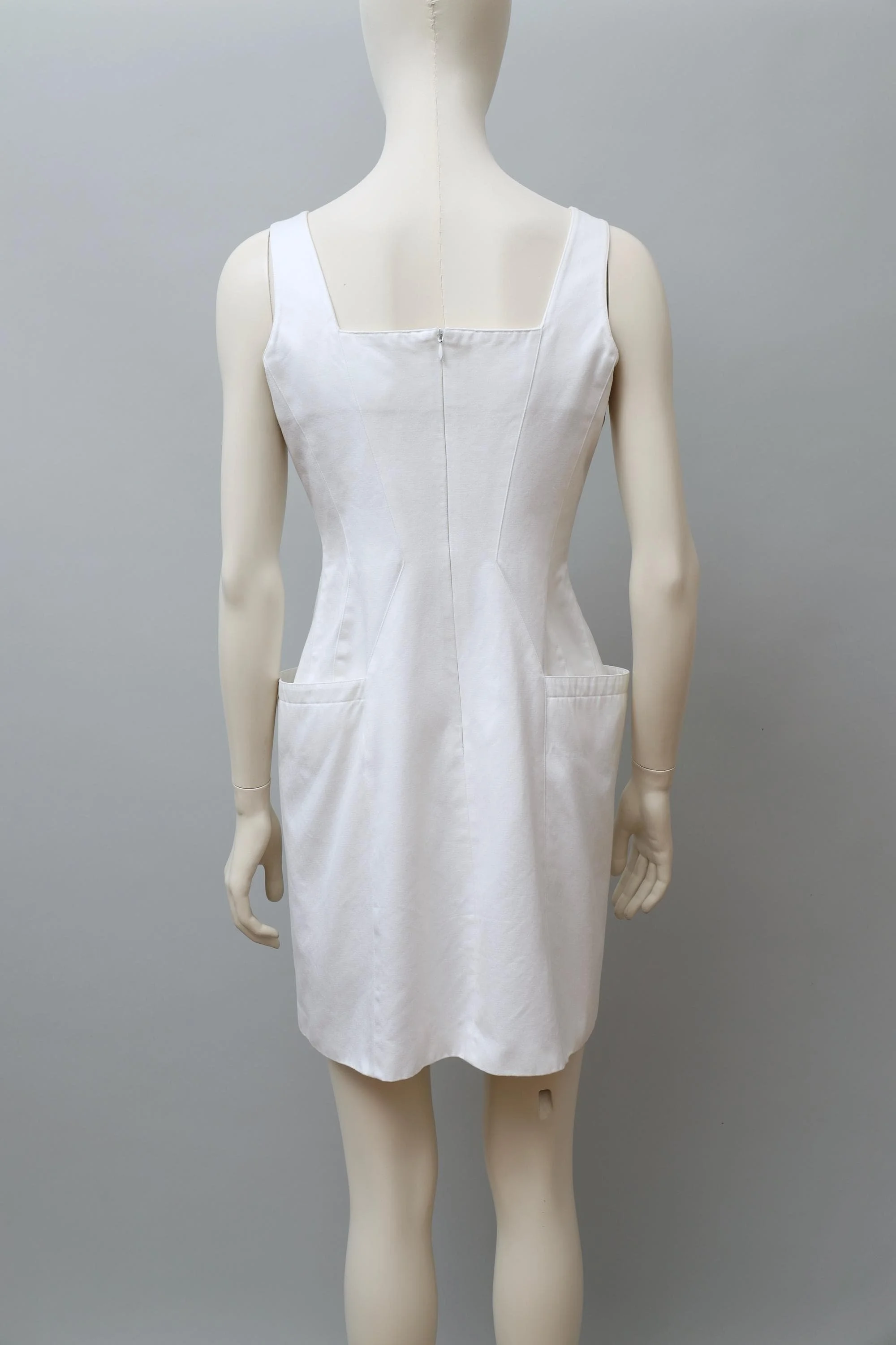 1990s Mugler white satin acrylic buckle cocktail dress