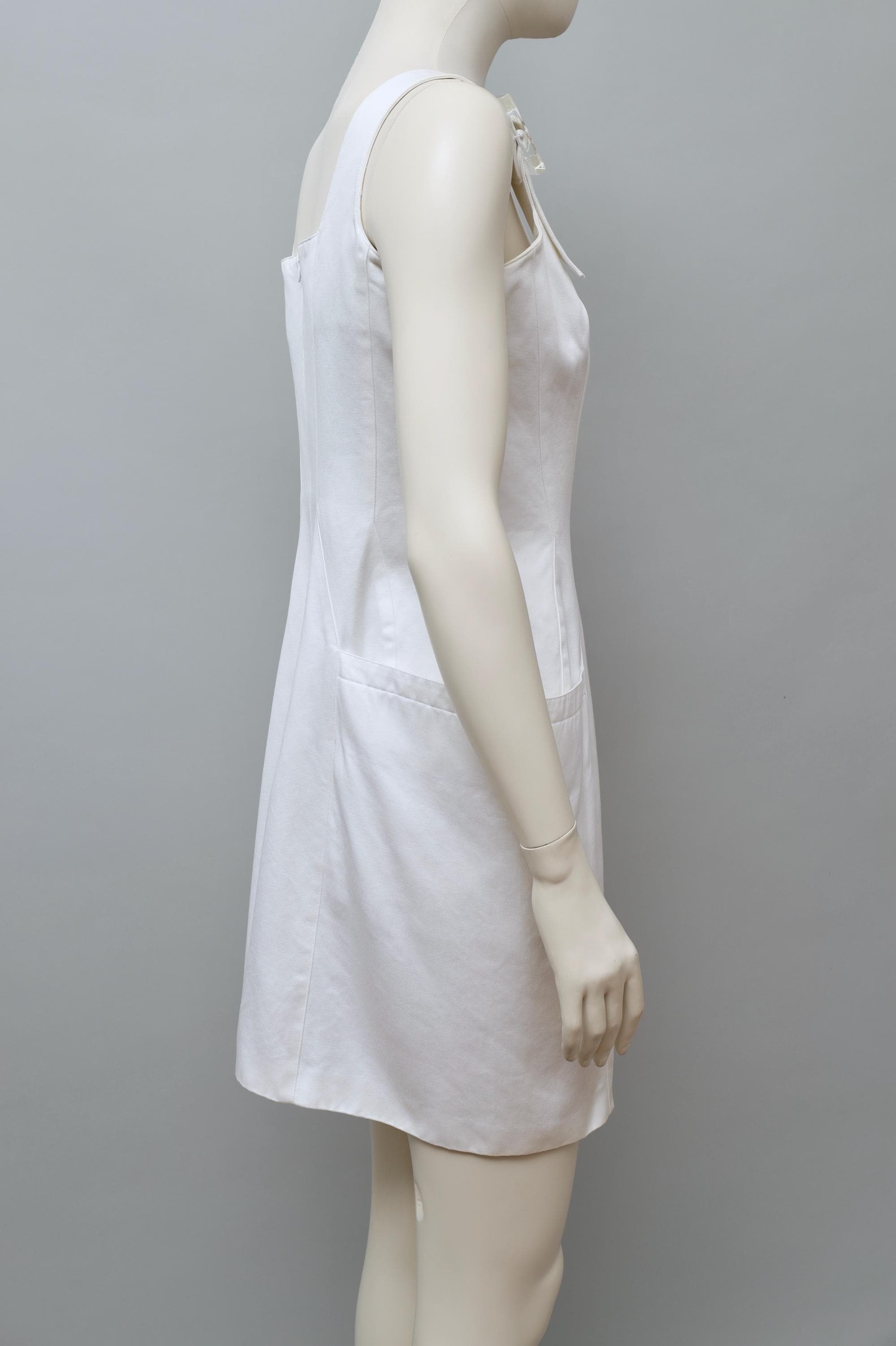 1990s Mugler white satin acrylic buckle cocktail dress