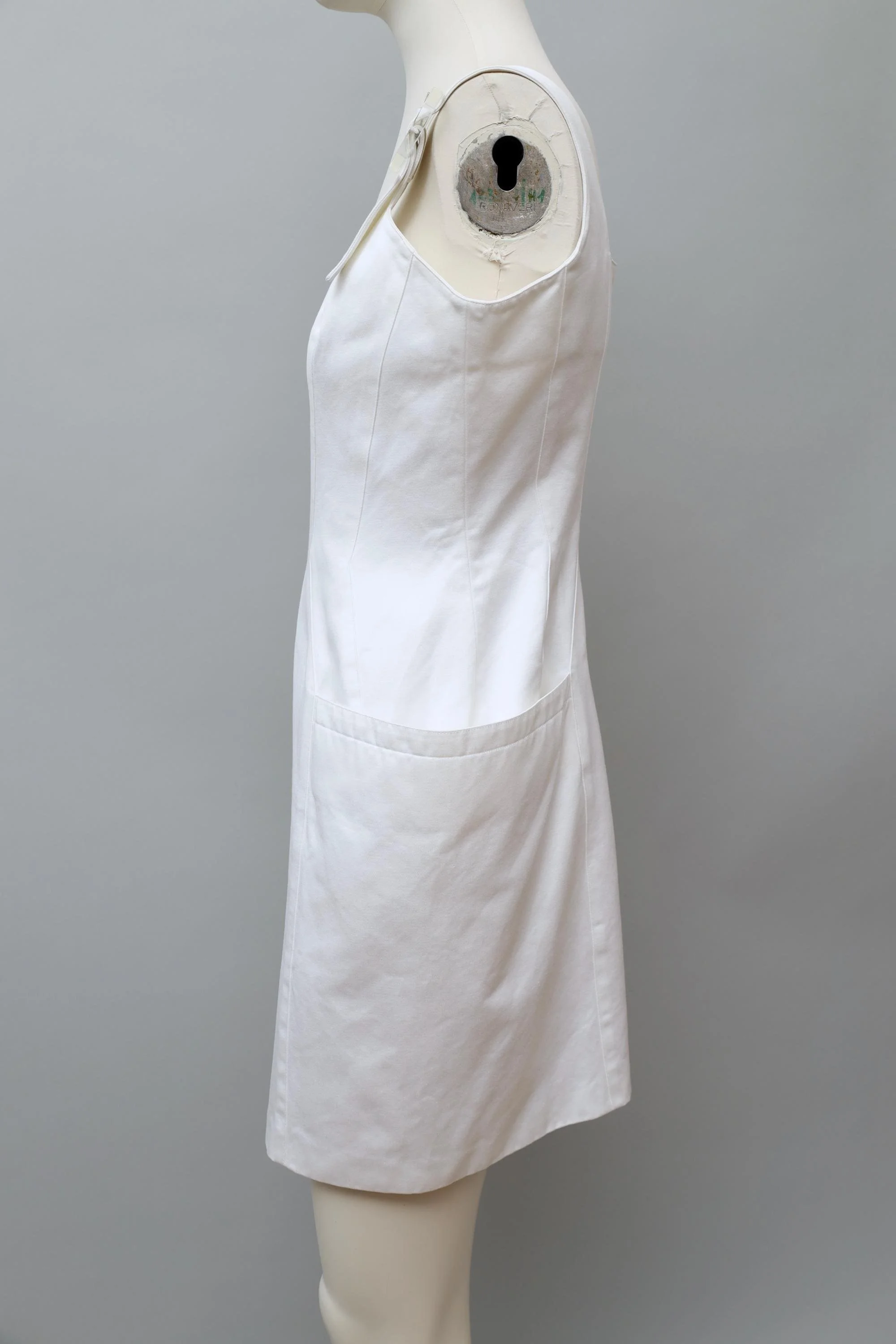 1990s Mugler white satin acrylic buckle cocktail dress