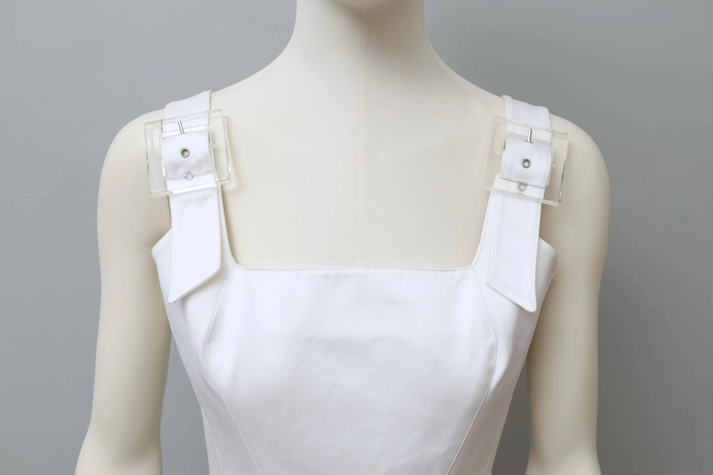 1990s Mugler white satin acrylic buckle cocktail dress
