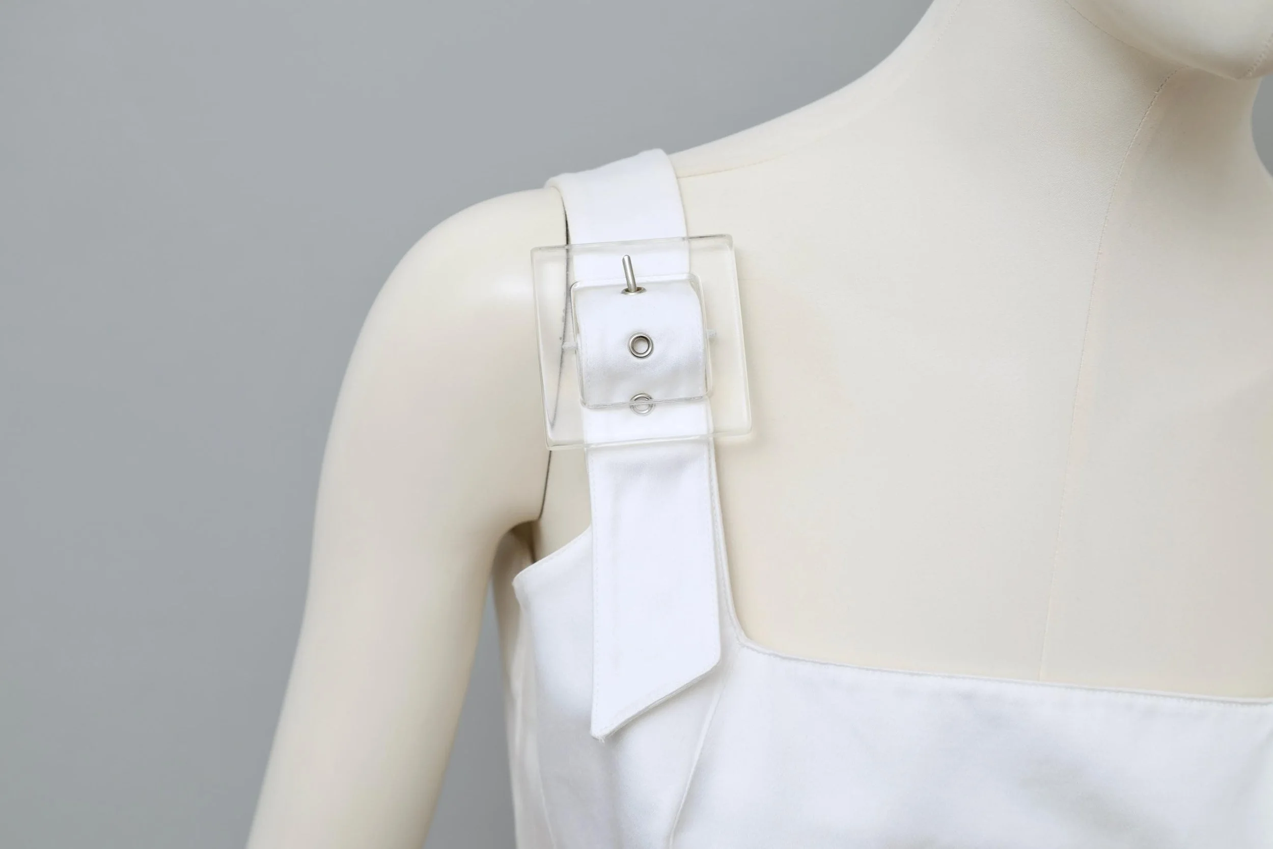 1990s Mugler white satin acrylic buckle strap