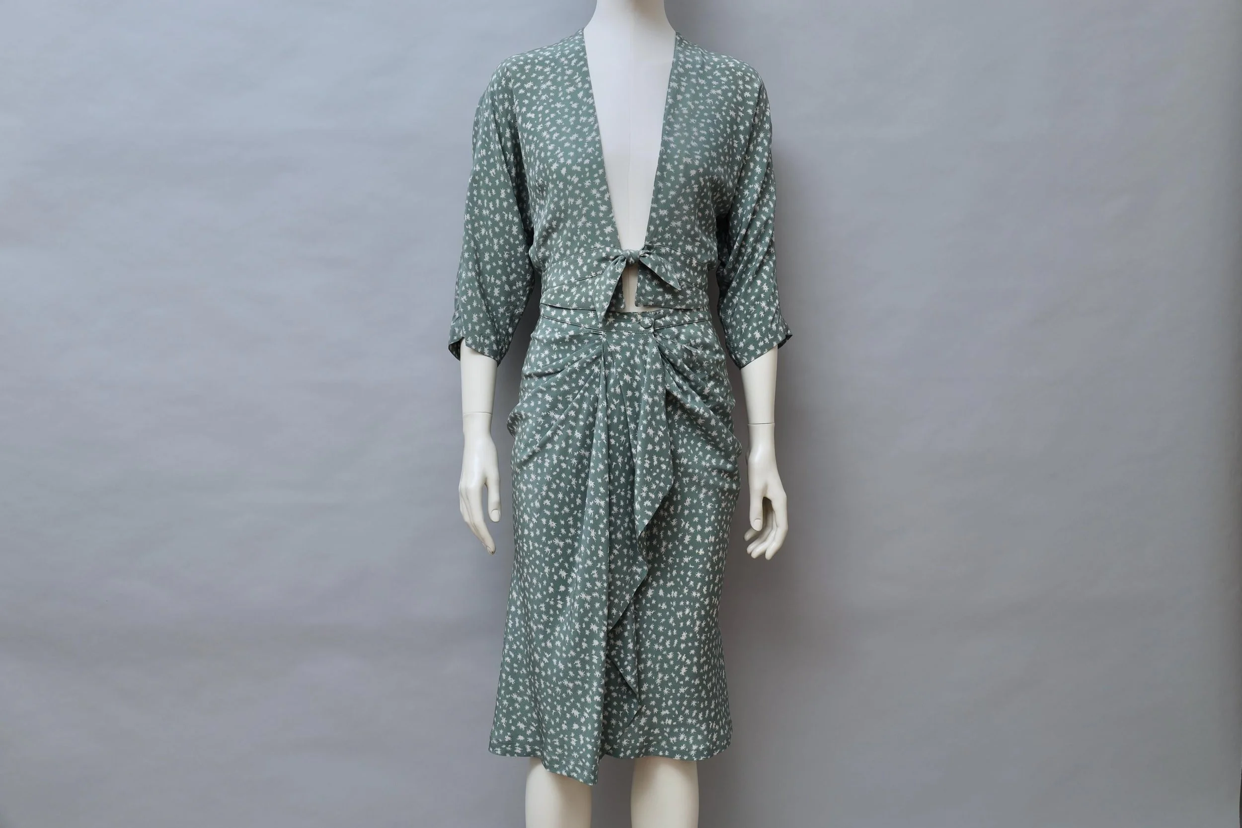 1970s Emmanuelle Khanh sage green silk ensemble