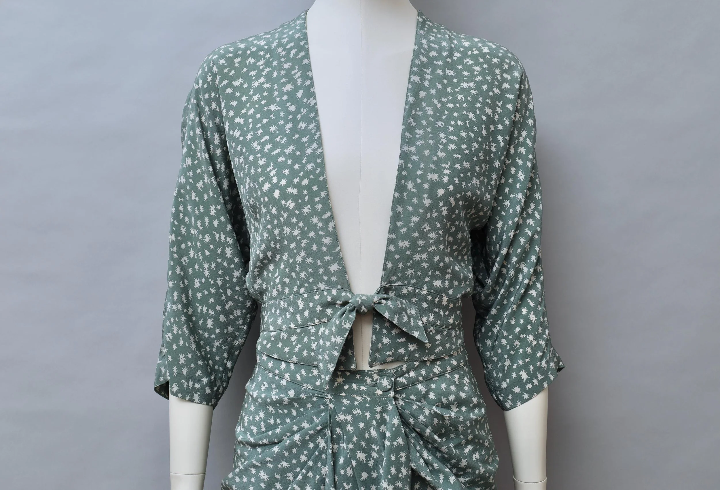 1970s Emmanuelle Khanh sage green silk 1940s inspired top