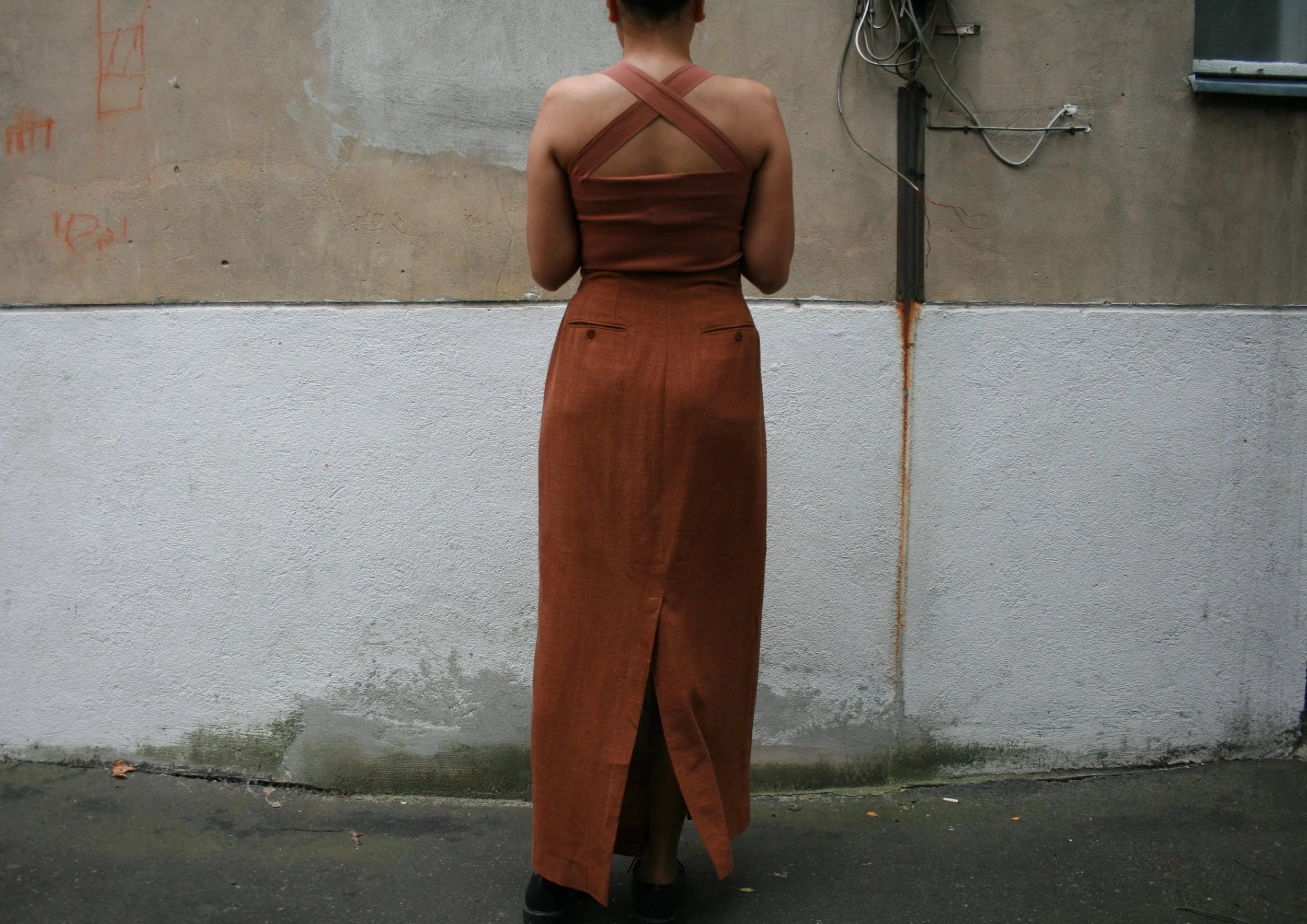 S/S 1995 Romeo Gigli terracotta high waist skirt