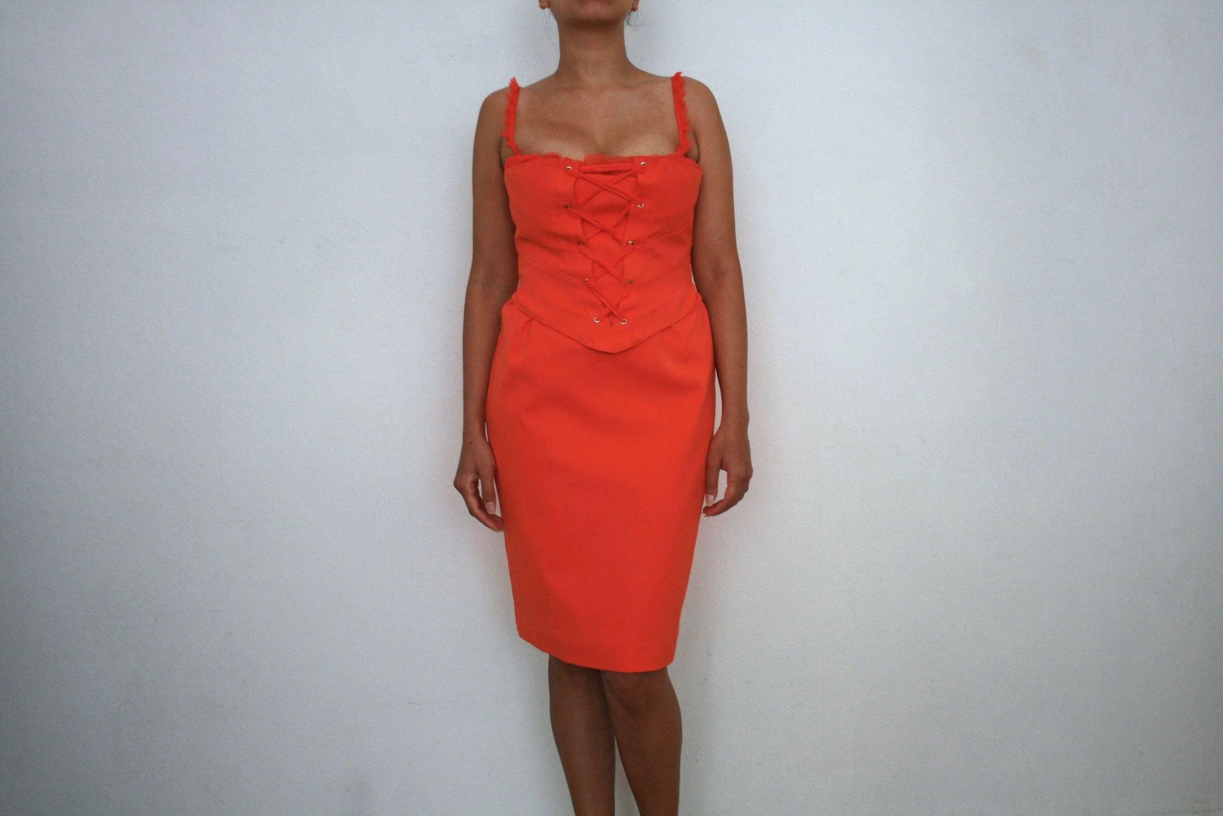 coral corset dress worn