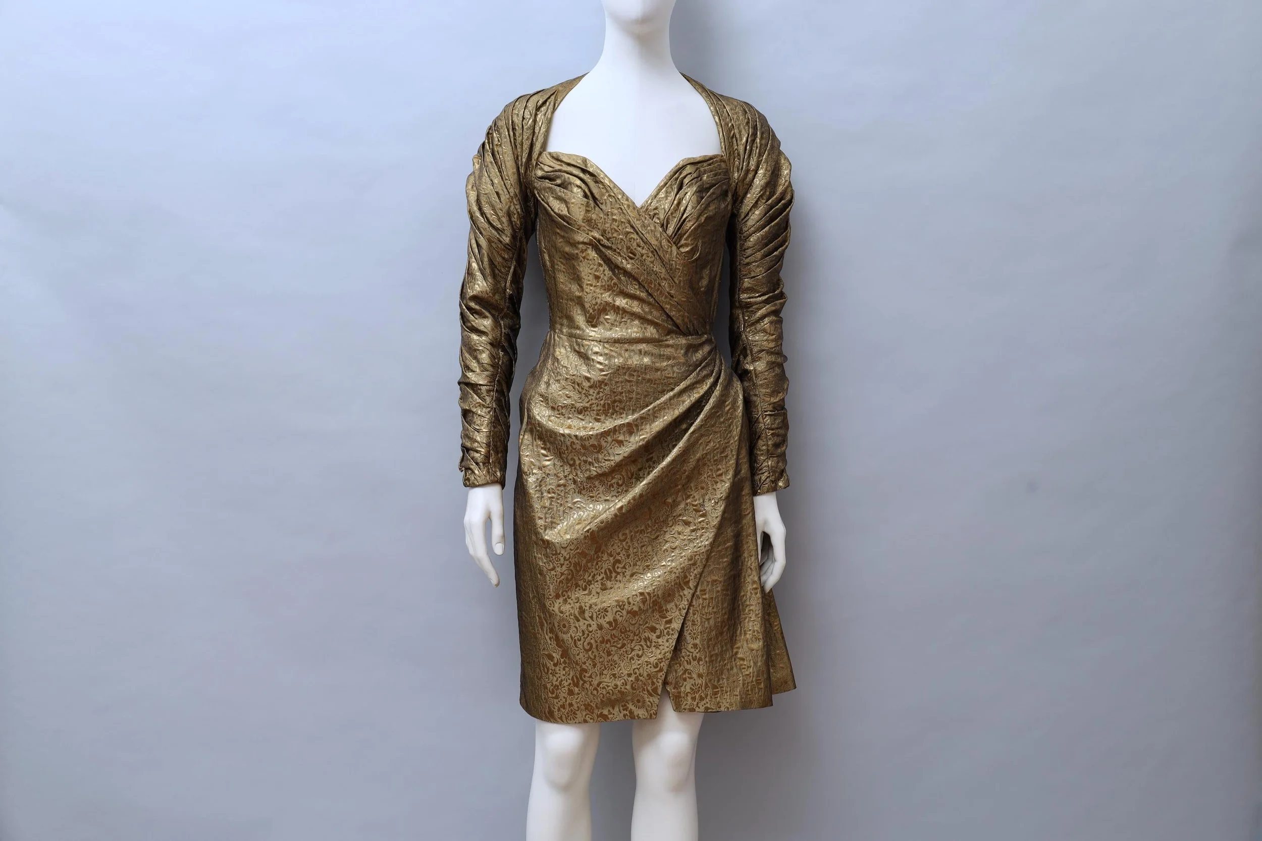 1980s Antony Price gold ruched floral jacquard couture gown