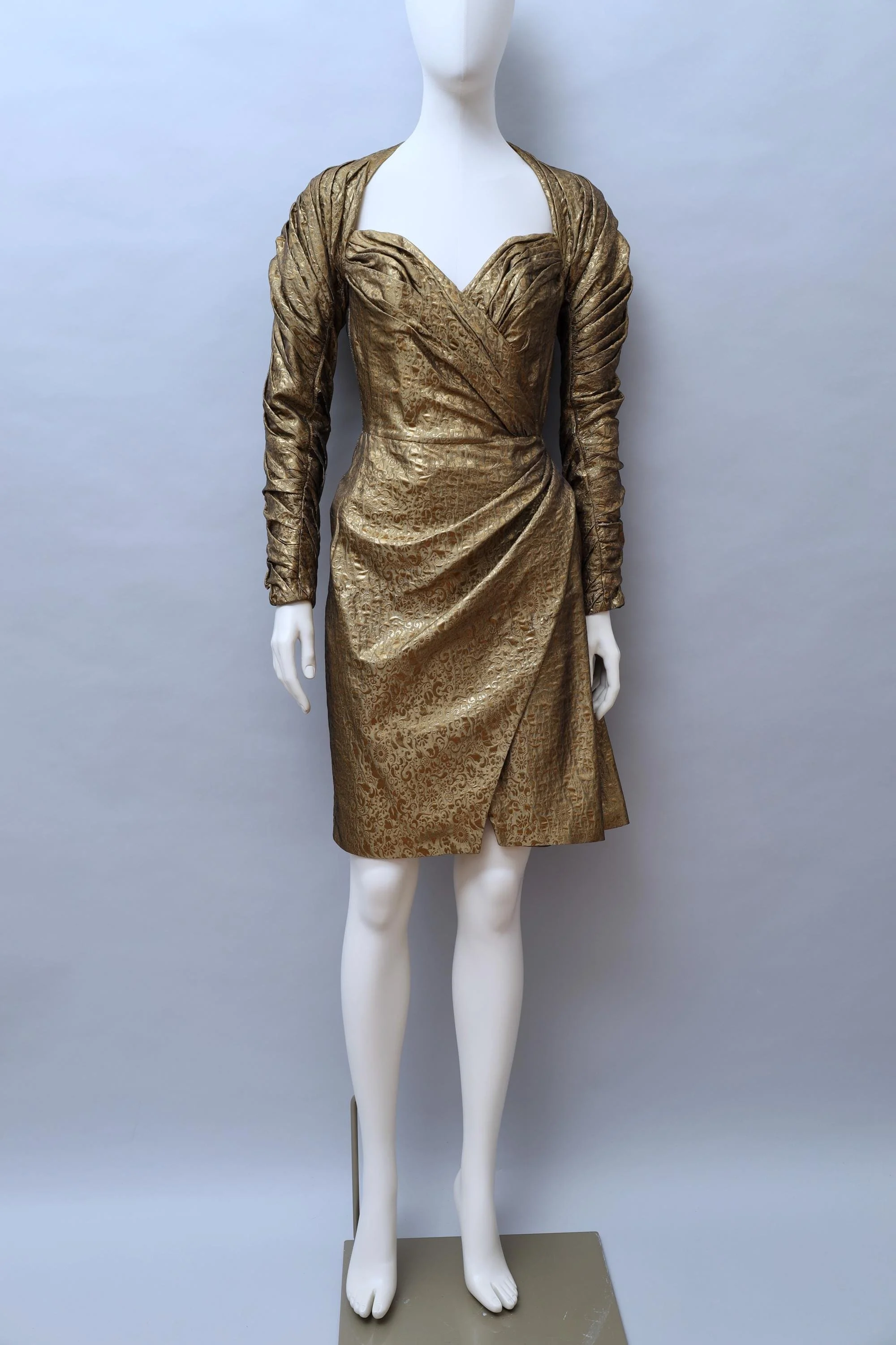 1980s Antony Price gold ruched floral jacquard couture gown