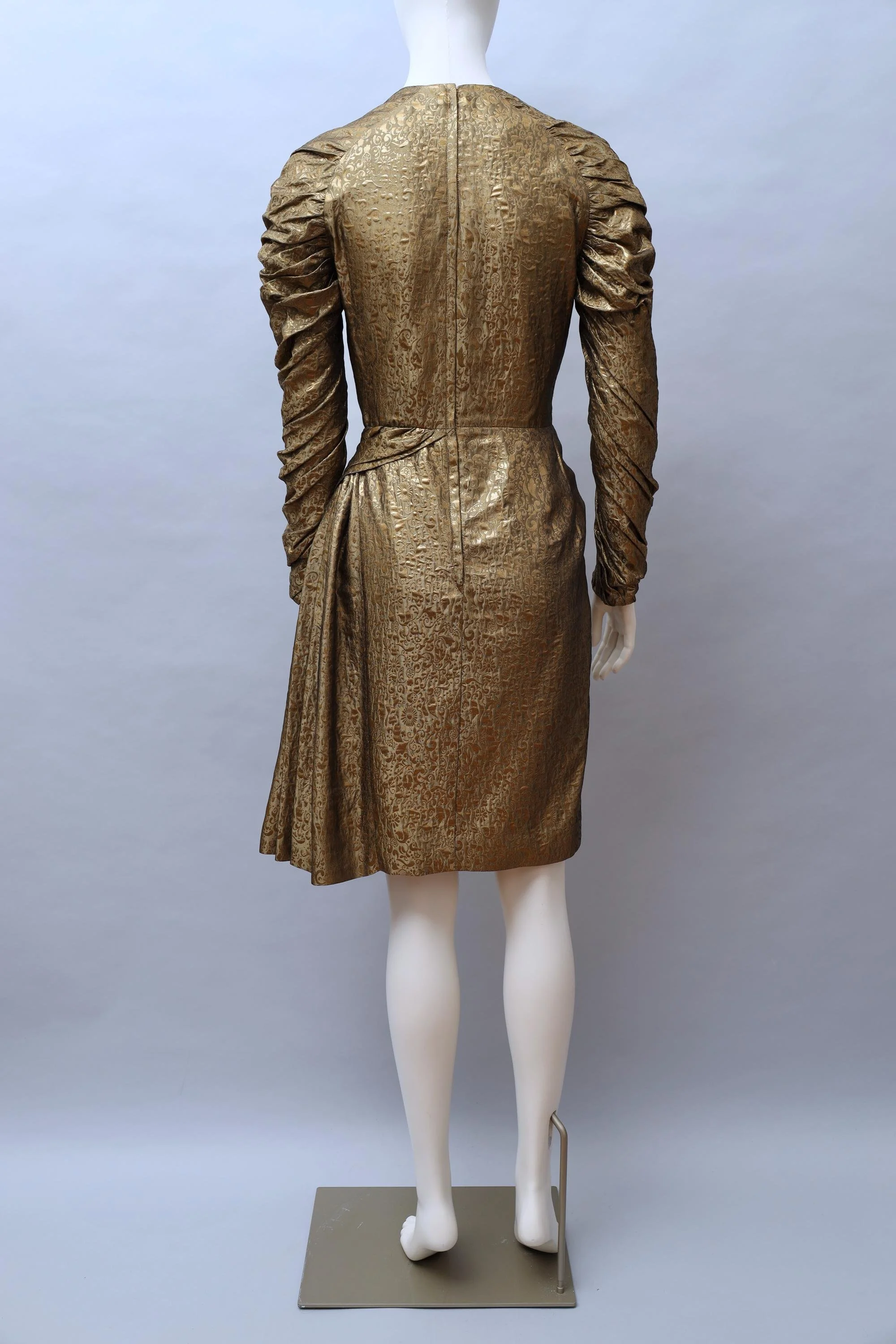 1980s Antony Price gold ruched floral jacquard couture gown