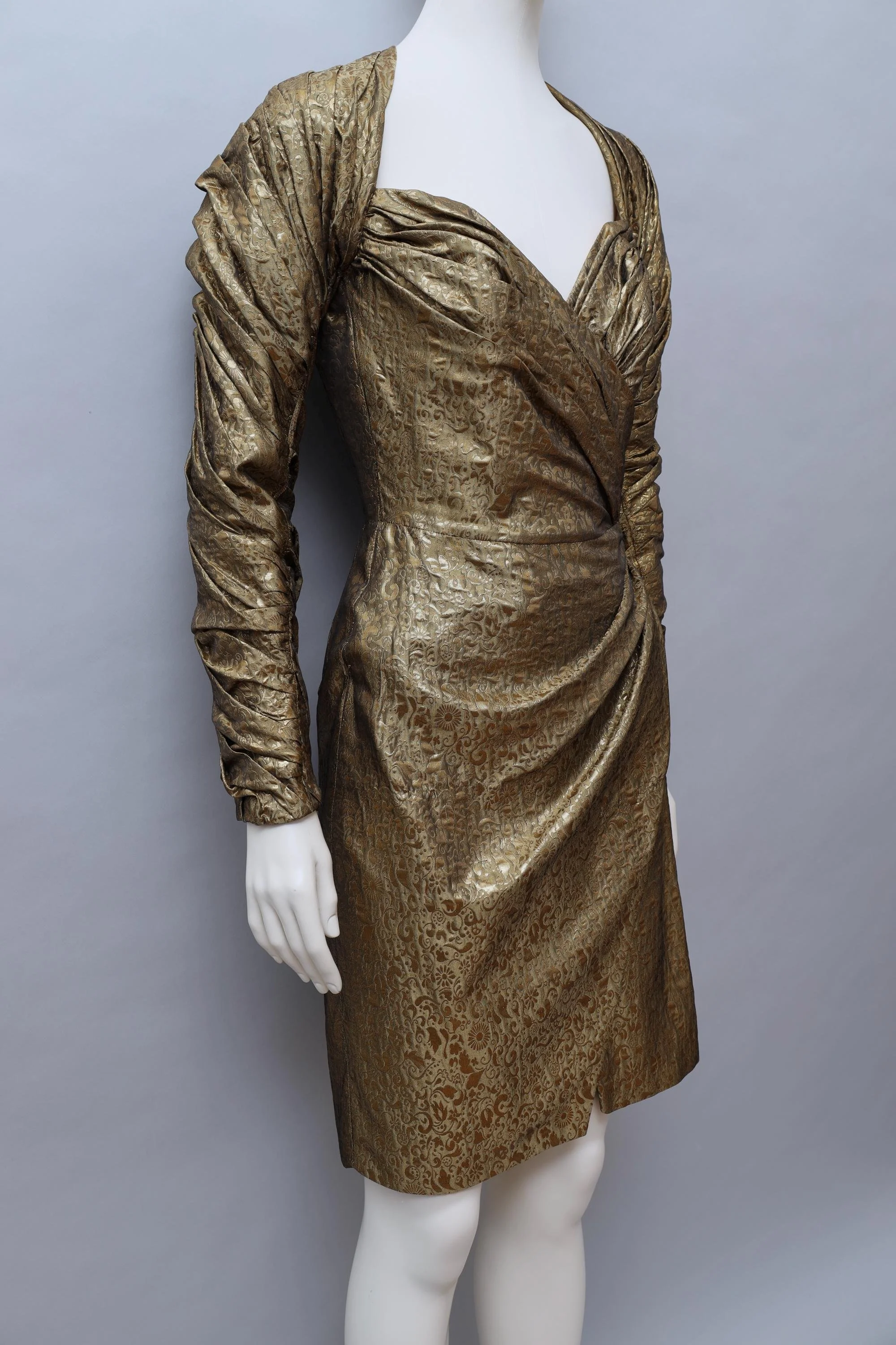 1980s Antony Price gold ruched floral jacquard couture gown