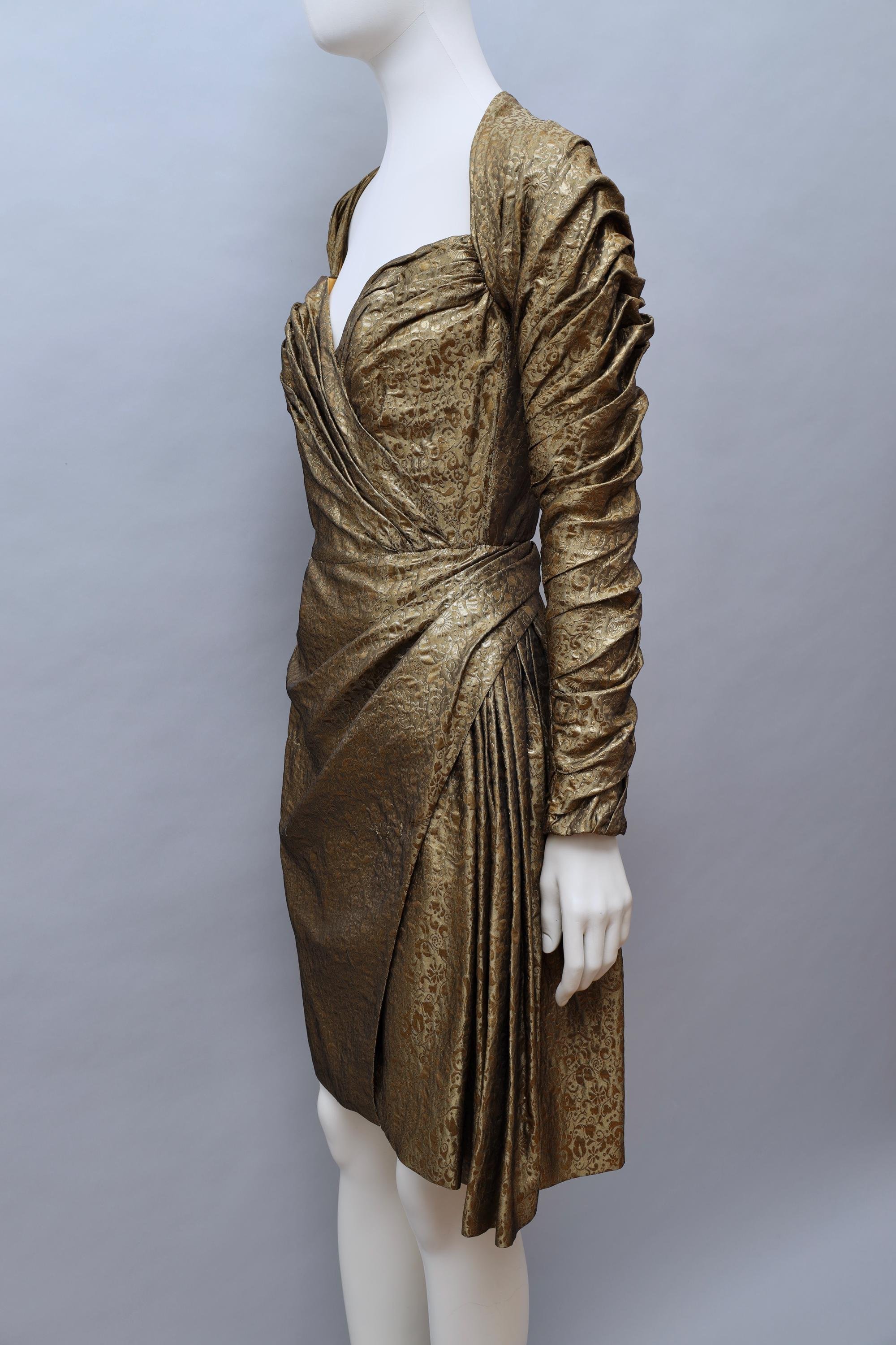 1980s Antony Price gold ruched floral jacquard couture gown