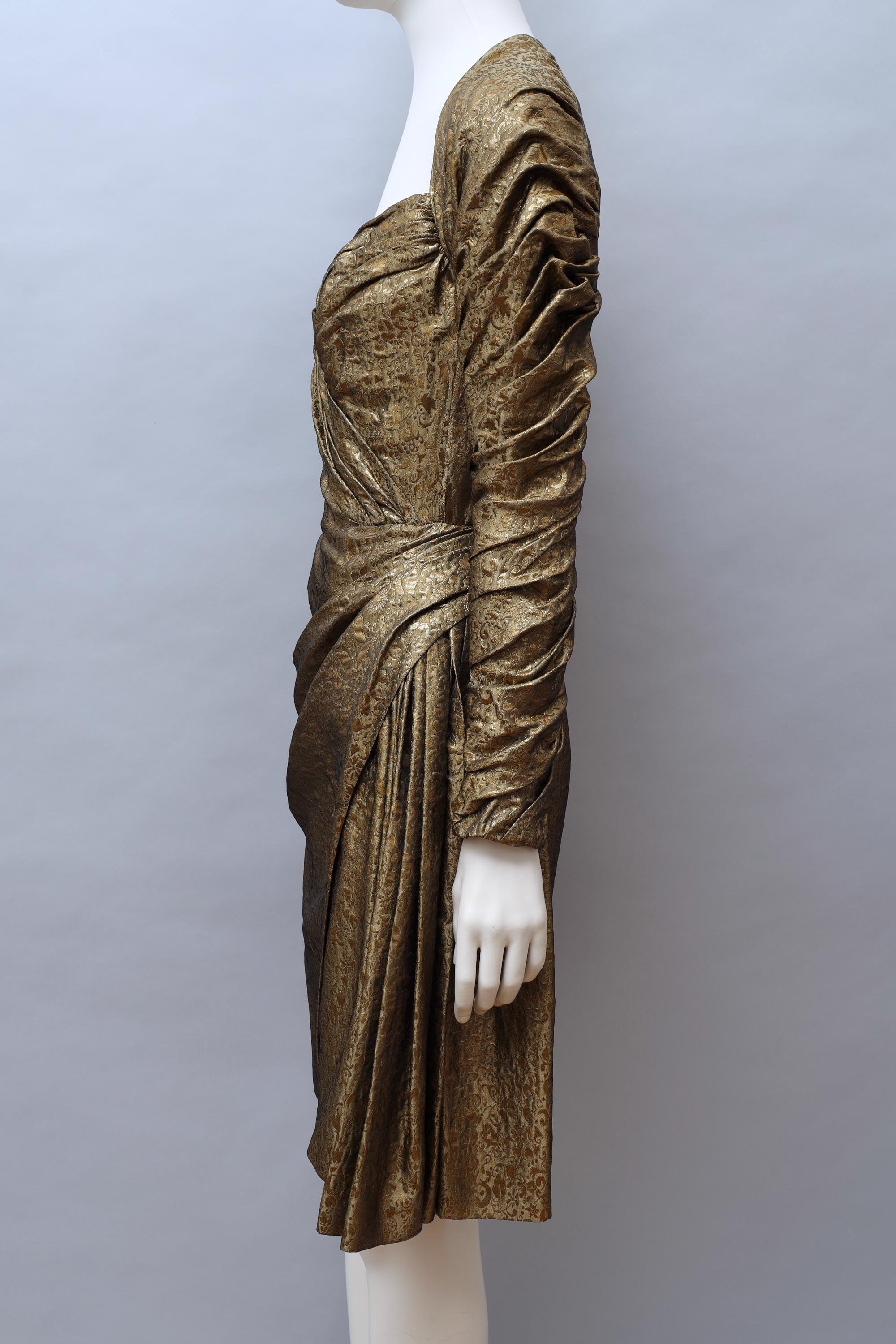 1980s Antony Price gold ruched floral jacquard couture gown
