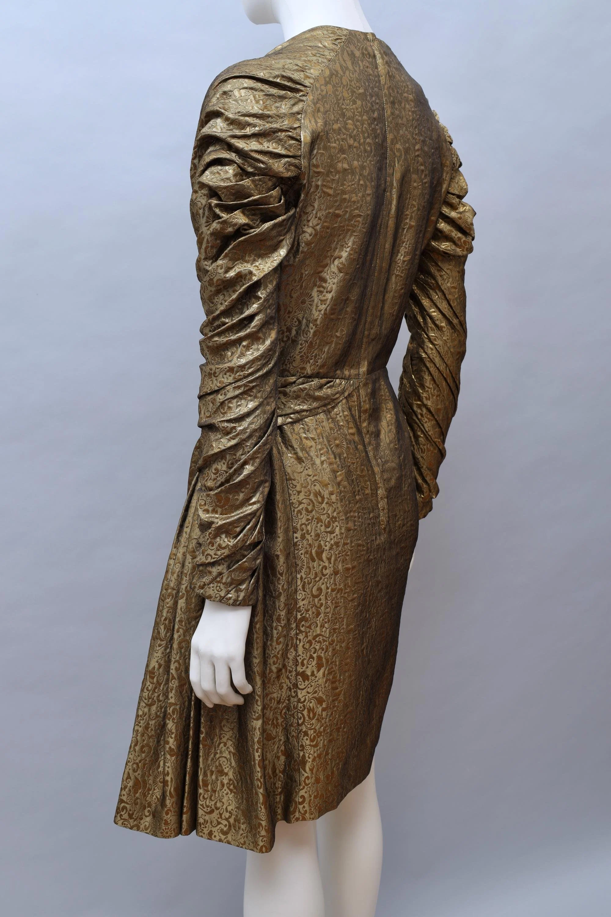 1980s Antony Price gold ruched floral jacquard couture gown