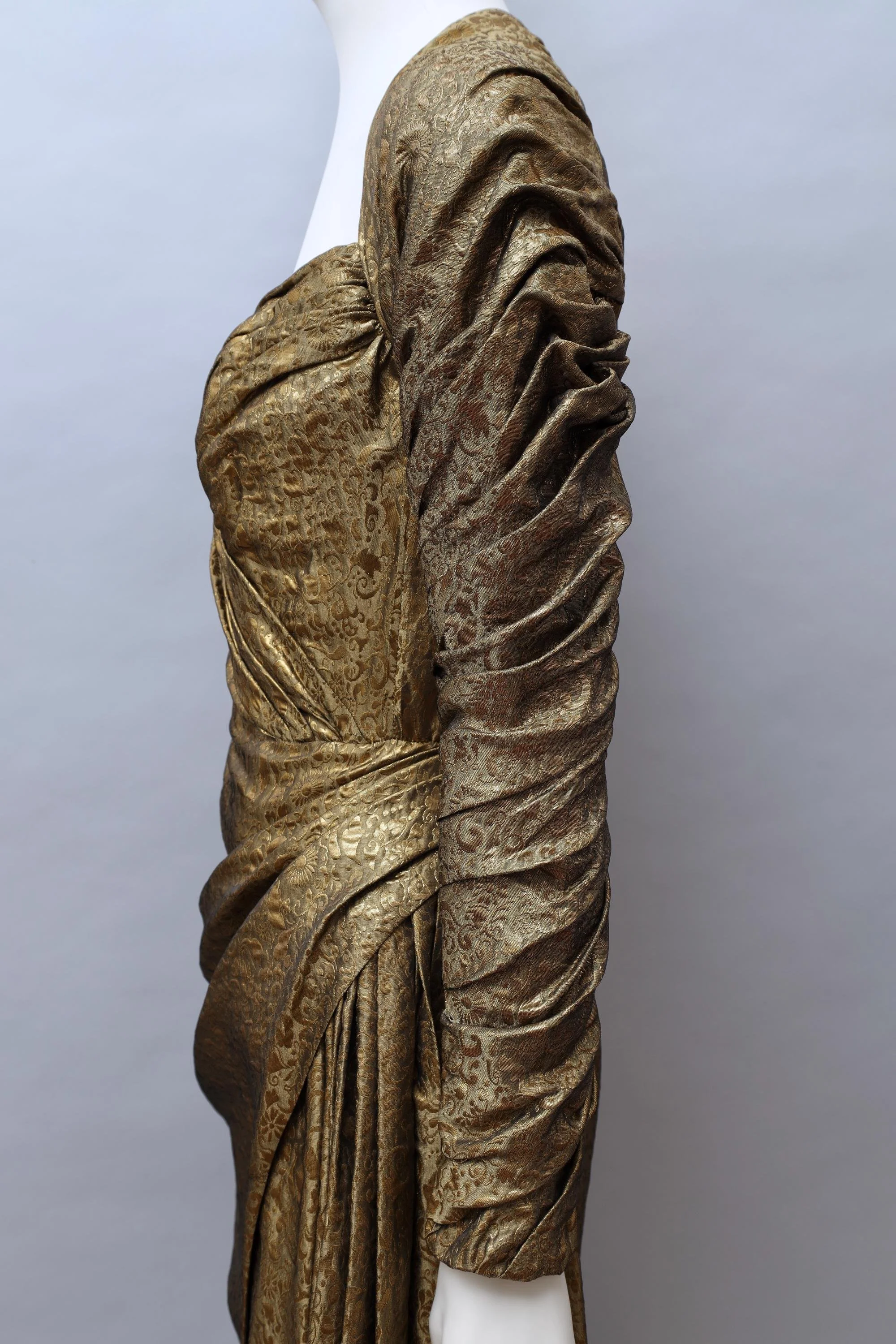 1980s Antony Price gold ruched floral jacquard couture gown