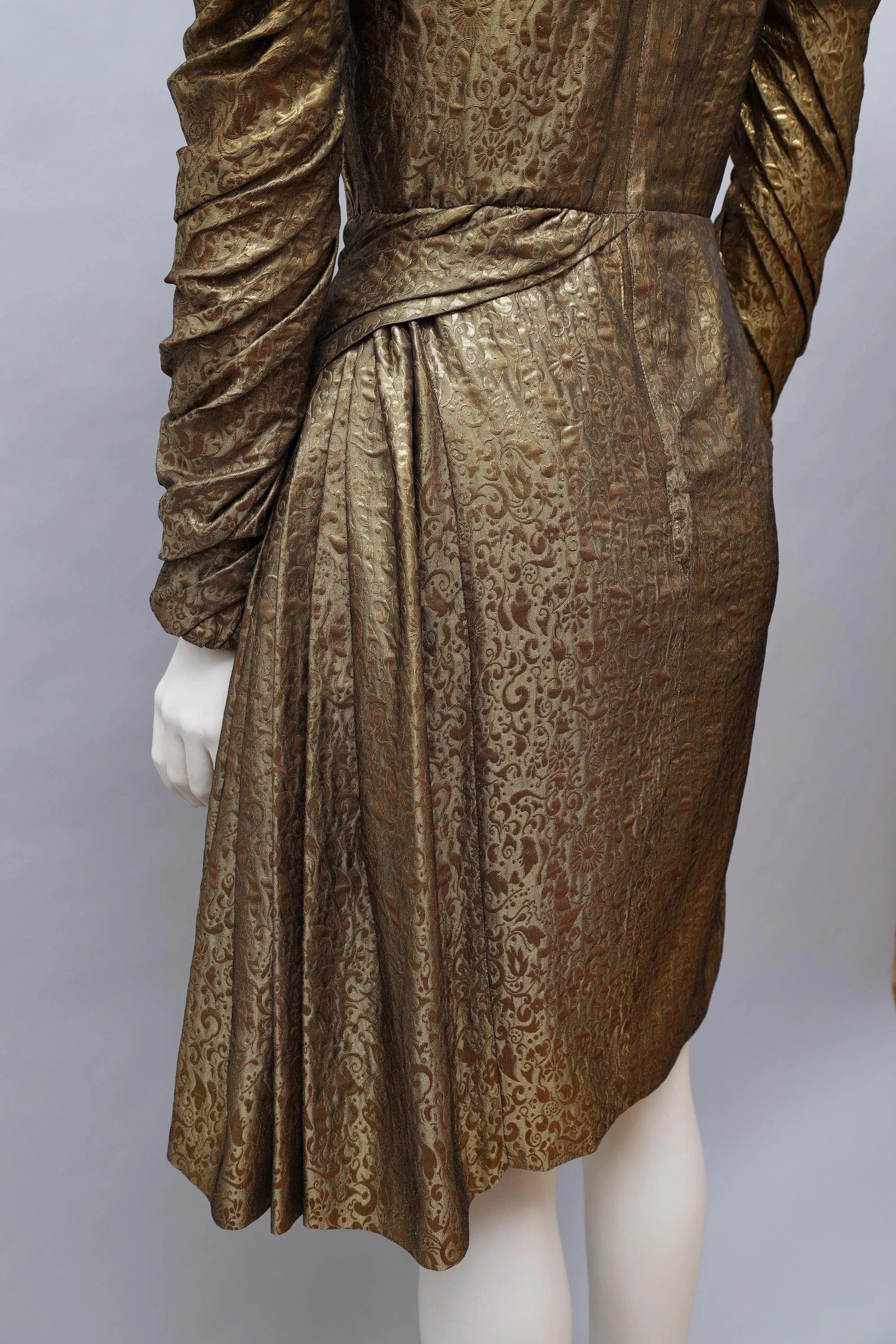 1980s Antony Price gold ruched floral jacquard couture gown pleats