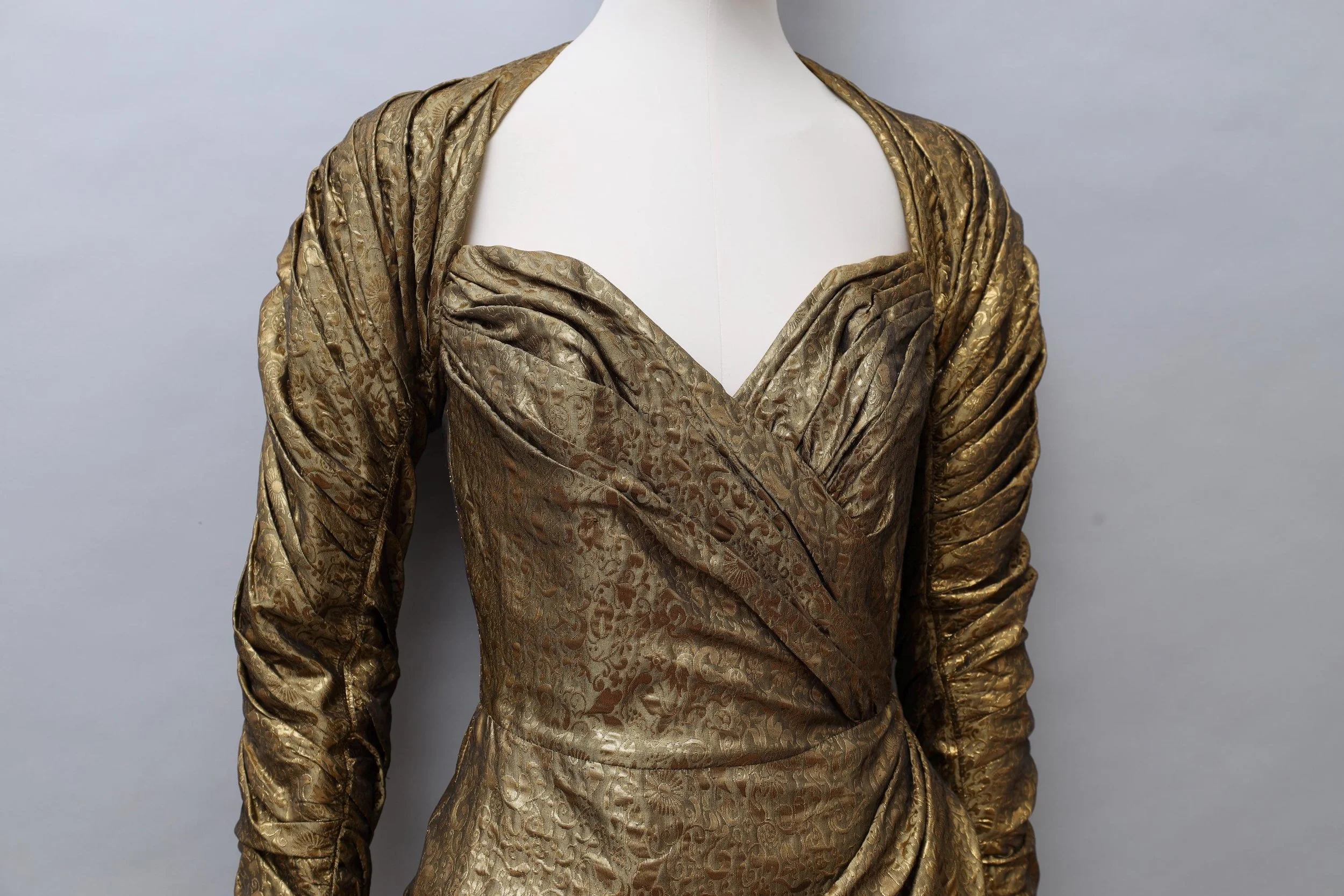 1980s Antony Price gold ruched floral jacquard couture gown bodice