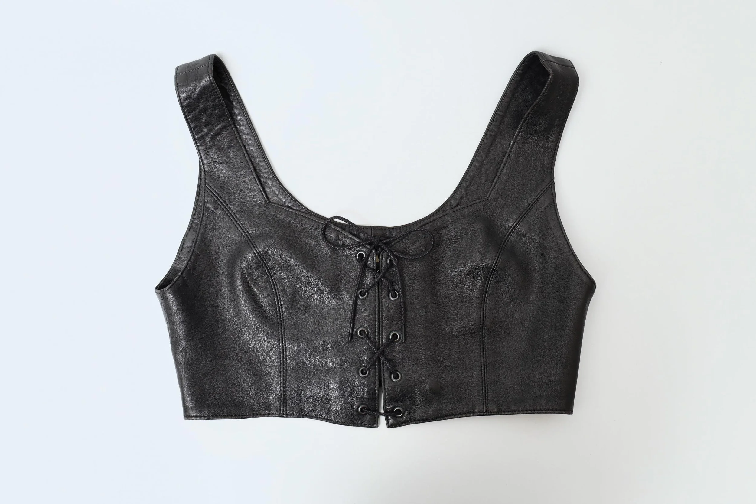 1990s Michel Klein black leather lace up front bra top