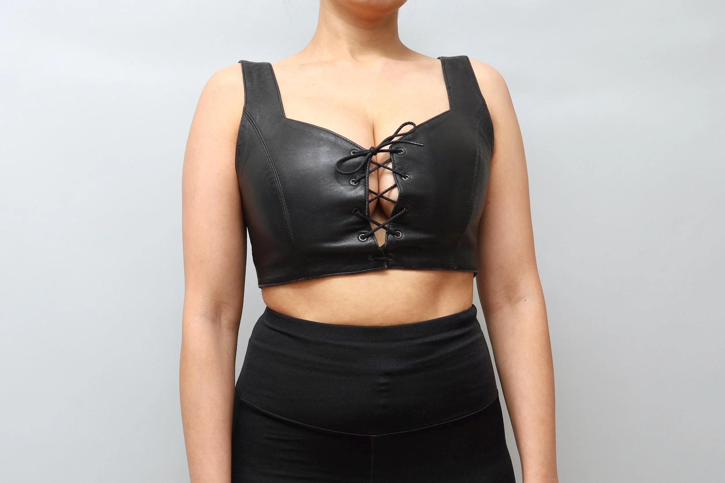1990s Michel Klein black leather lace up front bra top