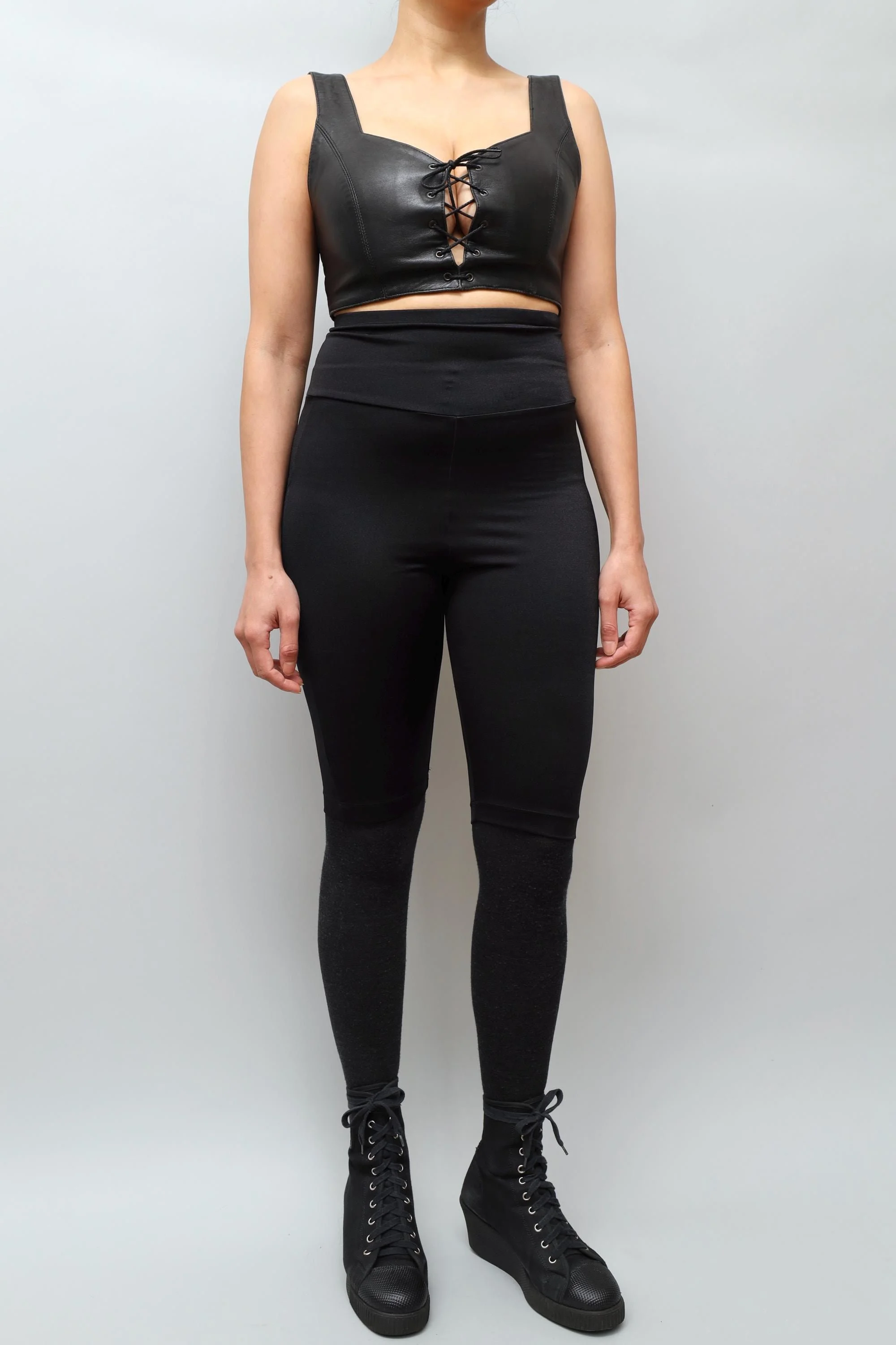 1990s Michel Klein black leather lace up front bra top