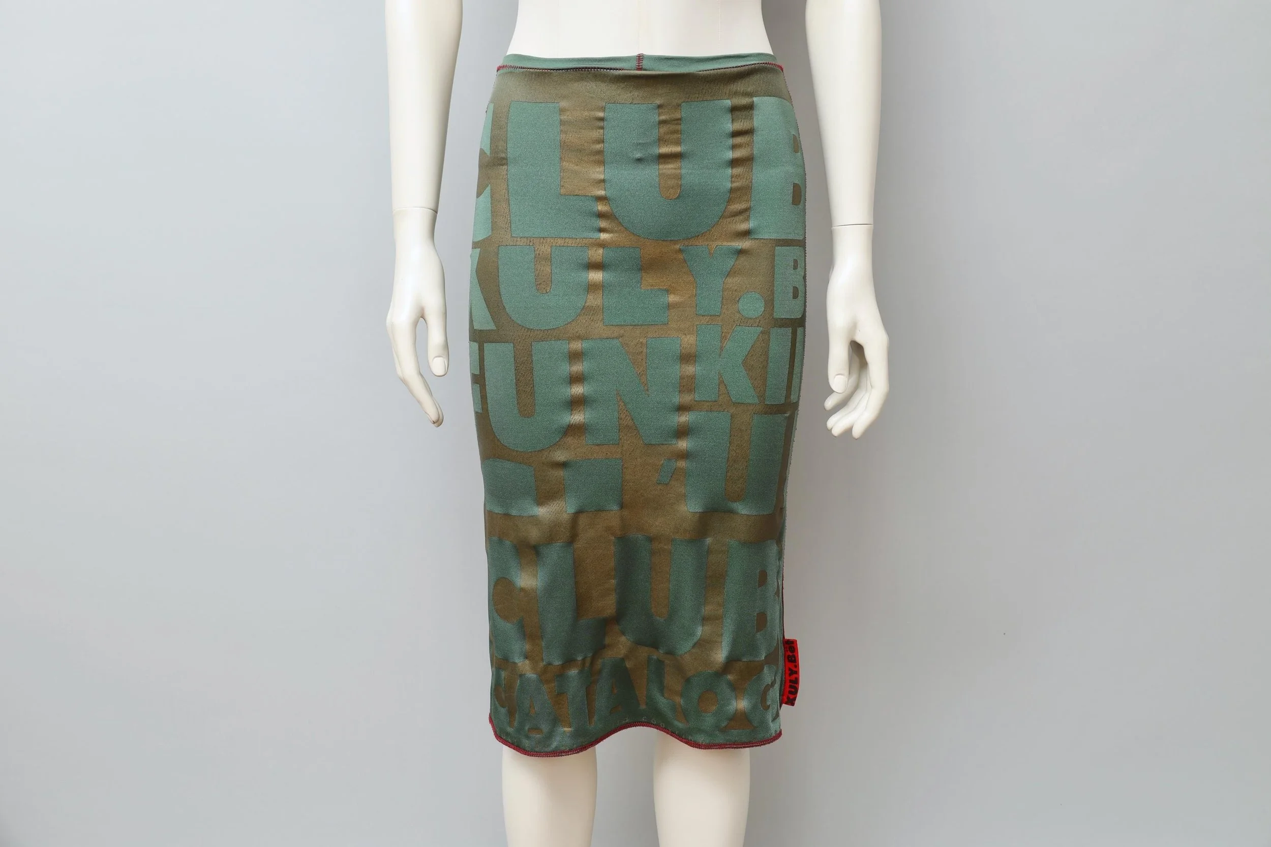 late 1990s / early 2000s Xuly Bët green and bronze logo print skirt