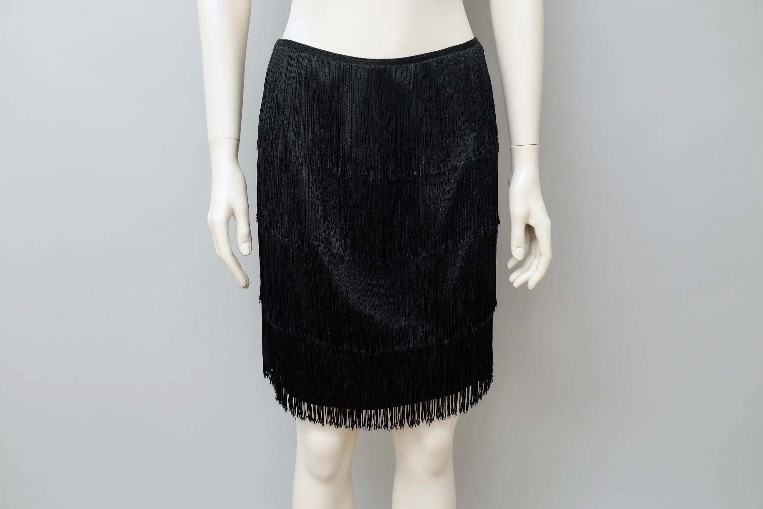late 1980s Norma Kamali black tiered fringe skirt