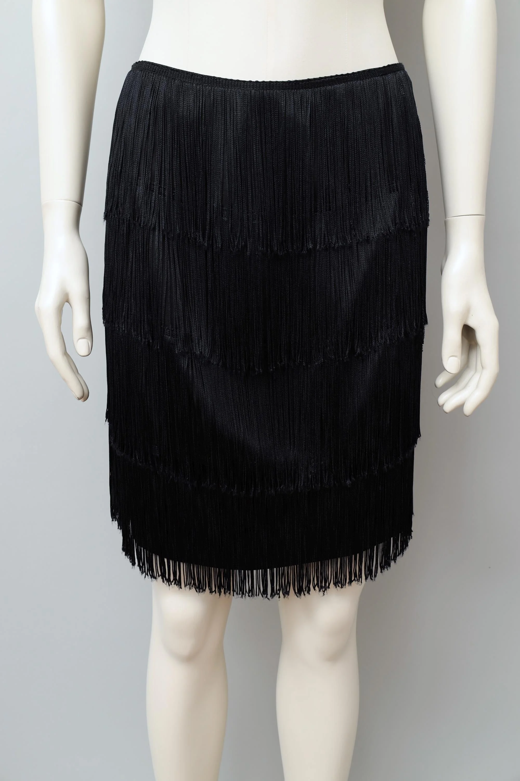 late 1980s Norma Kamali black tiered fringe skirt
