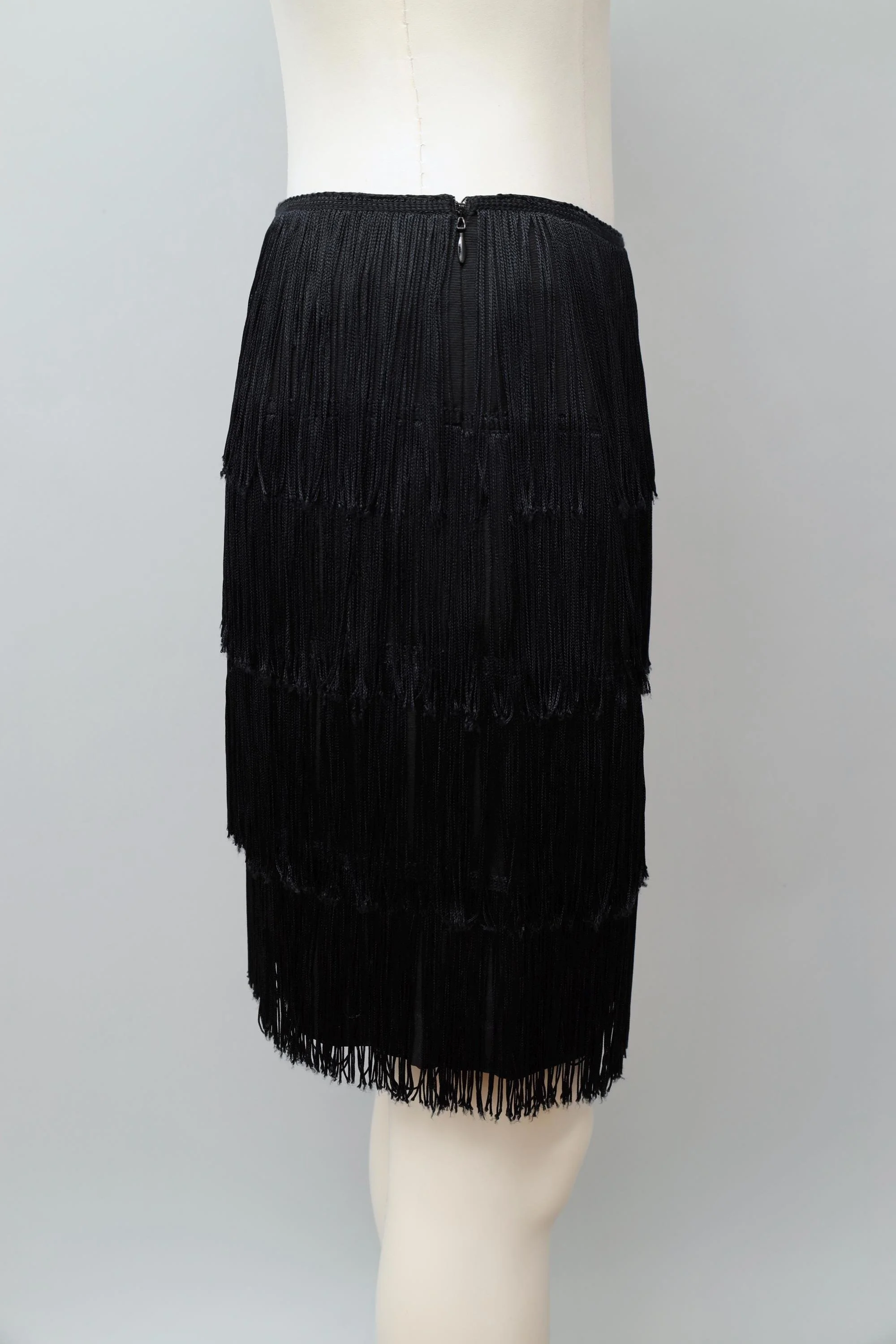 late 1980s Norma Kamali black tiered fringe skirt