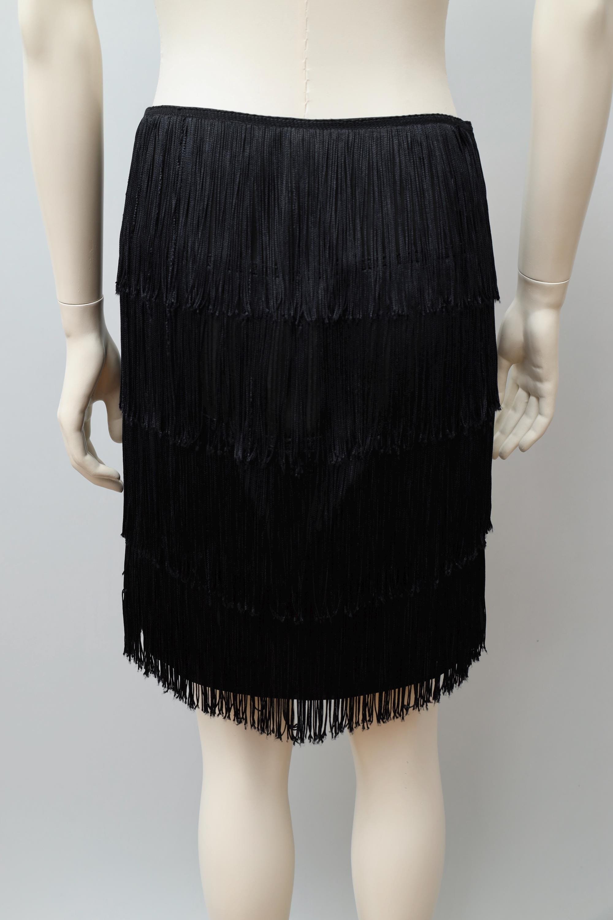 late 1980s Norma Kamali black tiered fringe skirt