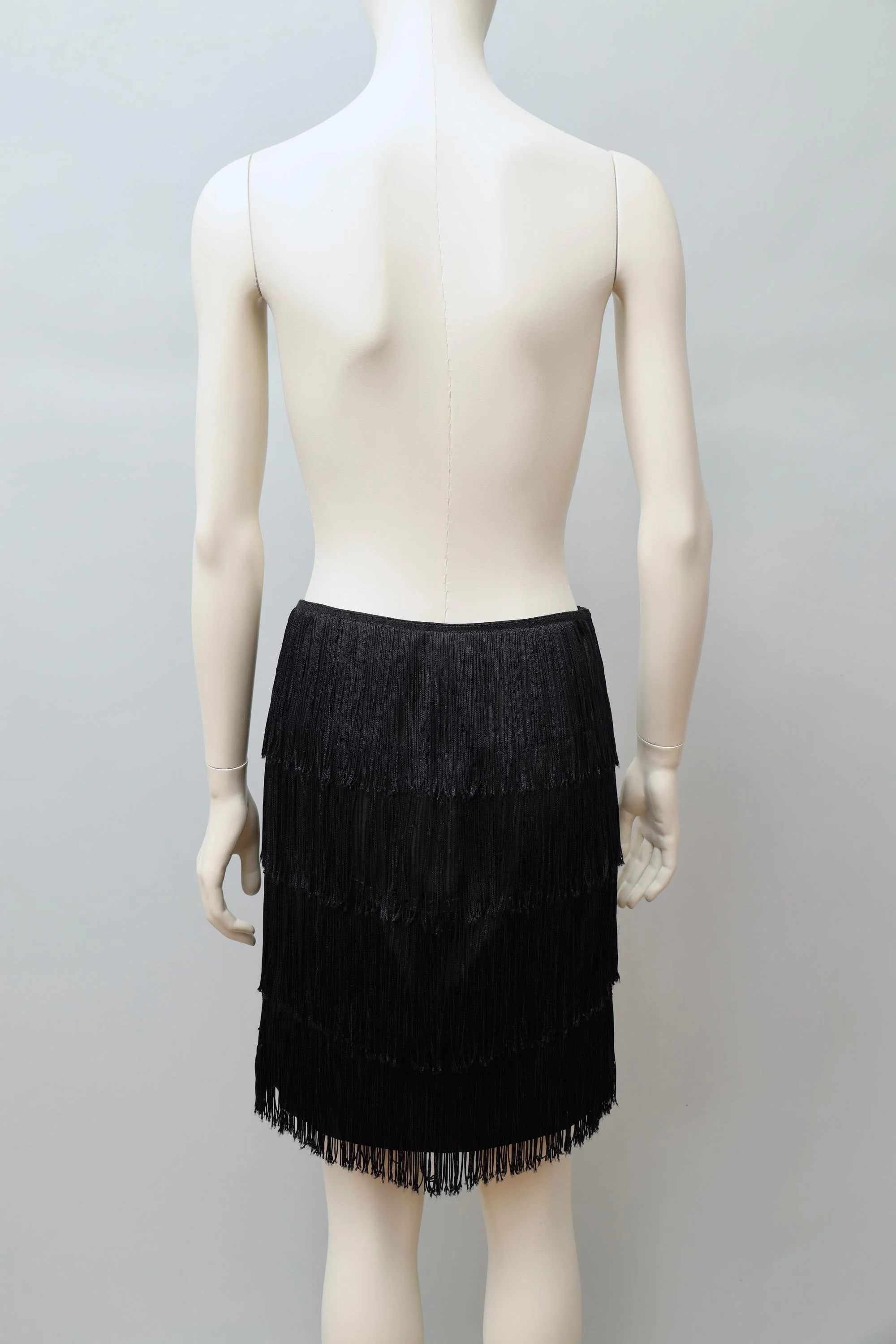 late 1980s Norma Kamali black tiered fringe skirt