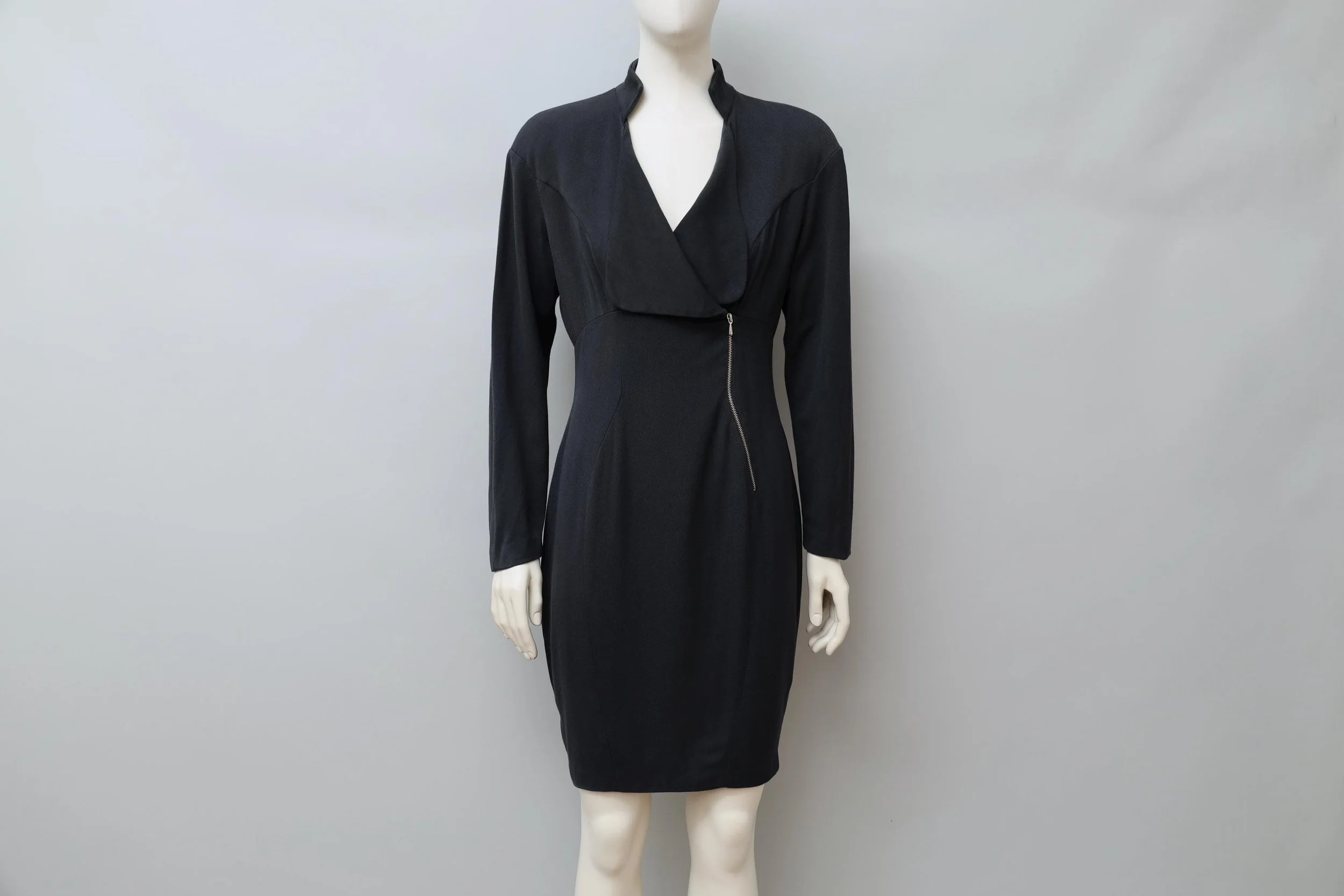 late 1980s / early 1990s Thierry Mugler Activ black wool zip front dress